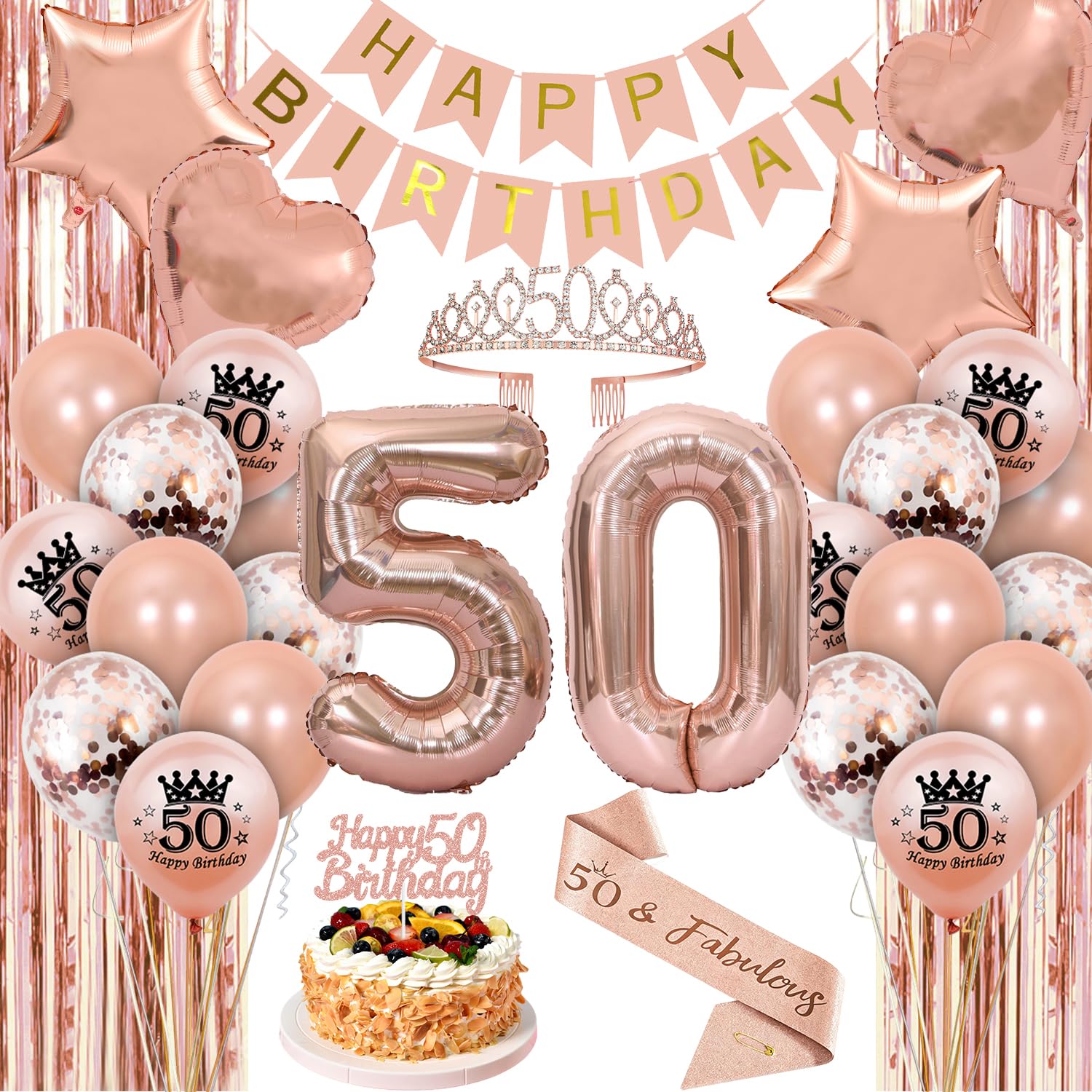 Dncvb Deko 50. Geburtstag Frau, Deko Zum 50 Geburtstag | Rose Gold 50 Geburtstagsdeko mit Krone und Schärpe, Glitzer Vorhang, Luftballons, Happy Birthday Banner, Tortendeko