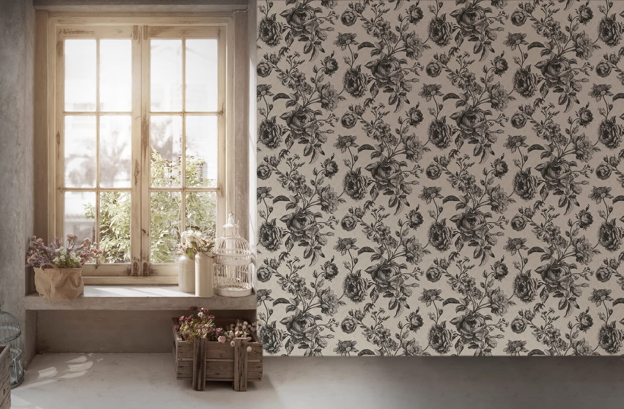 Livingwalls My Spa 387002 - Papel pintado (fieltro, 10,05 x 0,53 m), diseño floral, color blanco y negro
