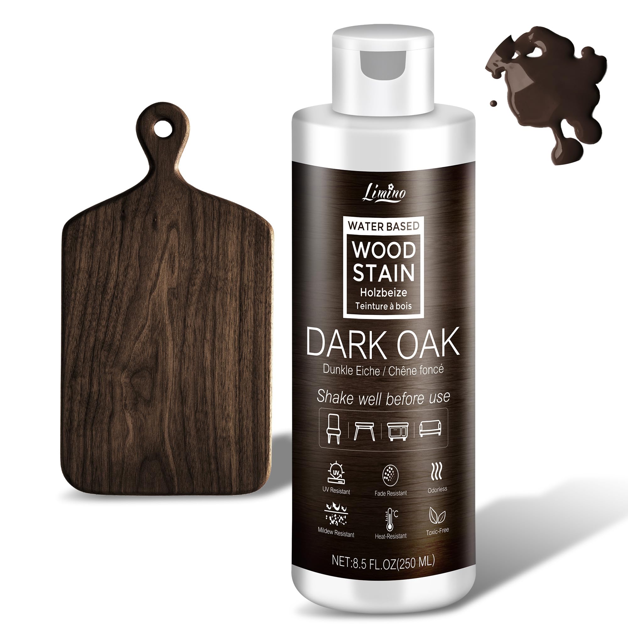 Water Based Wood Stain - Dark Oak | Wood Varnish for Indoor ＆ Outdoor Furniture, Wardrobe, Cabinets, Doors, Low Odor ＆ Non-Toxic, Fast Drying, Multiple Classical Finishes - 8.5fl.oz / 250ml