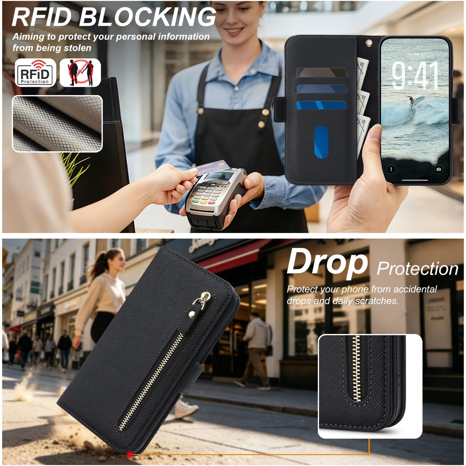 Etui crossbody do iPhone 17 Pro Max/17 Pro/17 Air/17, skórzany pokrowiec z klapką na zamek błyskawiczny, z funkcją lusterka do makijażu, podpórka, miąższ, 17 Air