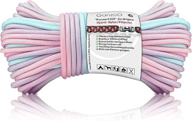 Ganzoo Paracord 550 linka Rainbow pastelowa/typ Hybrid do bransoletki, smycz, obroży, nylon/poliester, linka hybrydowa, nowe wykonanie, 30 m, tęcza