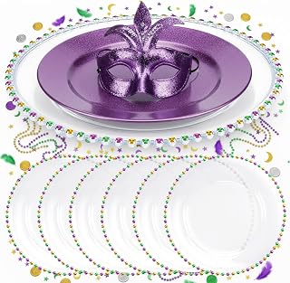 CHENGU 6 Pcs Mardi Gras Plate Chargers Beaded Charger Plates Mardi Gras Platos Decorativos Para Mesa Green Charger Plates Clear Acrylic Round Table Placemat for Carnival Party Kitchen Dining Tables