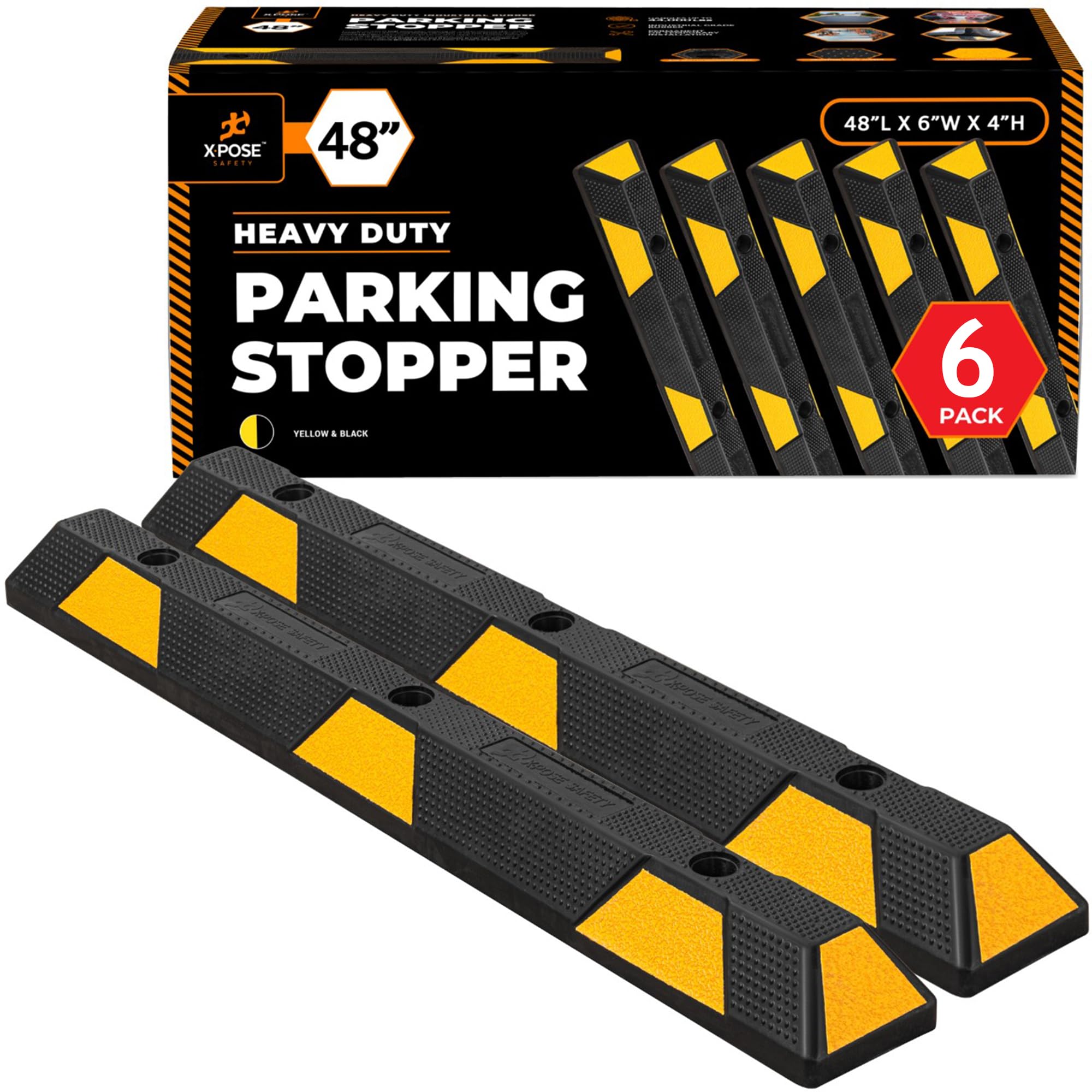 Xpose Safety 48" Heavy Duty Rubber Parking Stopper (6 Pack) – Wheel Stops, Parking Lot Bumpers &amp; Rubber Parking Curb for Garage, Driveway or Ramp – Car Bumper Stops with Yellow Reflective Strips