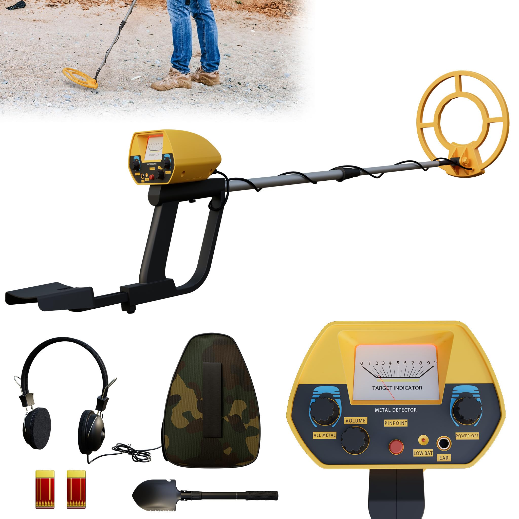 XMTECH Profesjonalny wykrywacz metalu z wodoodporną cewką 24,5 cm, 2 trybami, regulowana 80-105 cm, kompletny zestaw ze słuchawkami i szuflą wielofunkcyjną, wykrywacz metalu dla dzieci i dorosłych