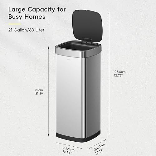 Miniatura 2 de EKO EcoSmart - Basurero de cocina alto y grande, 80L21.1 G de alta capacidad, cubo de basura con sensor de movimiento cuadrado suave sin contacto,