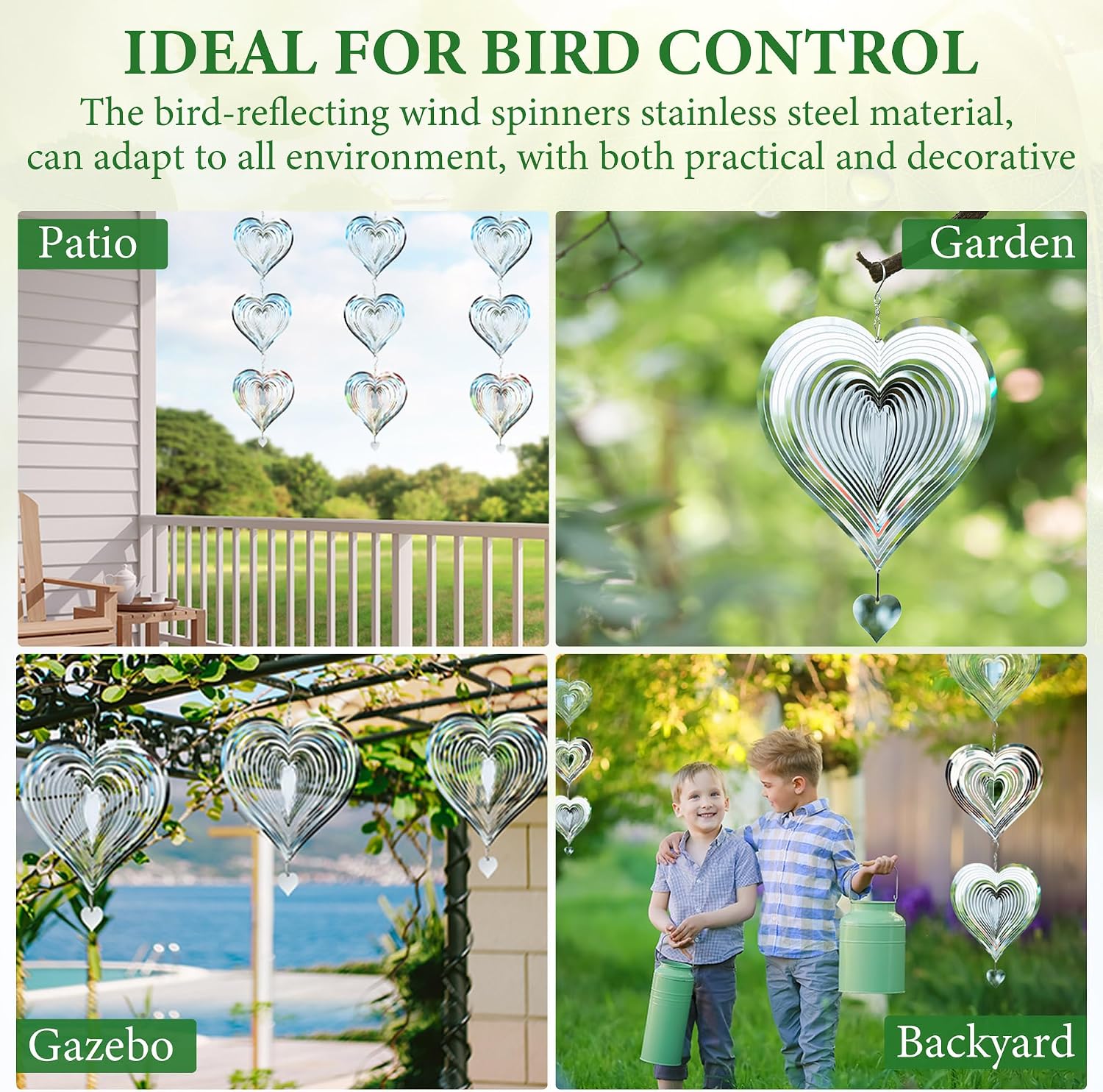 3 Pcs Heart Wind Spinner, 8 In Bird Deterrents for Outside, 3D Metal Wind Spinners for Deterrent to Scare Birds Away from Yard Patio Farm,Stainless Steel Reflective Winds Spinners Outdoor Garden Decor