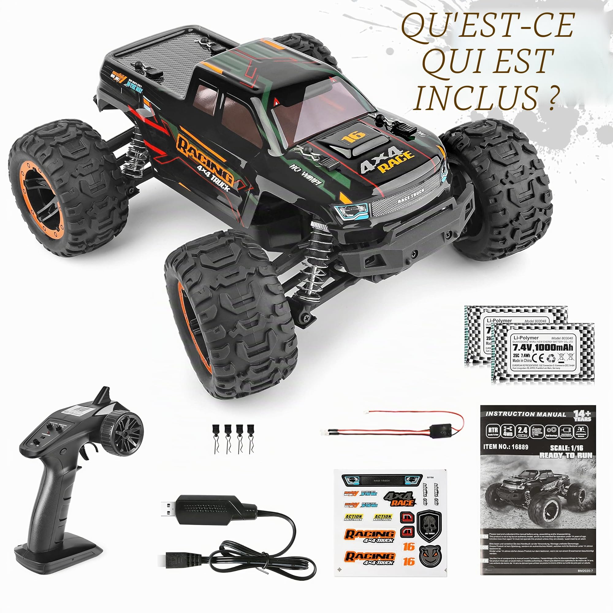 HAIBOXING Voiture Télécommandée 1:16 RC Car Monster Truck, étanche RTR Tout-Terrain Voiture RC 36 km/h, à Grande Vitesse à Distance Les Jouets Téléguidés