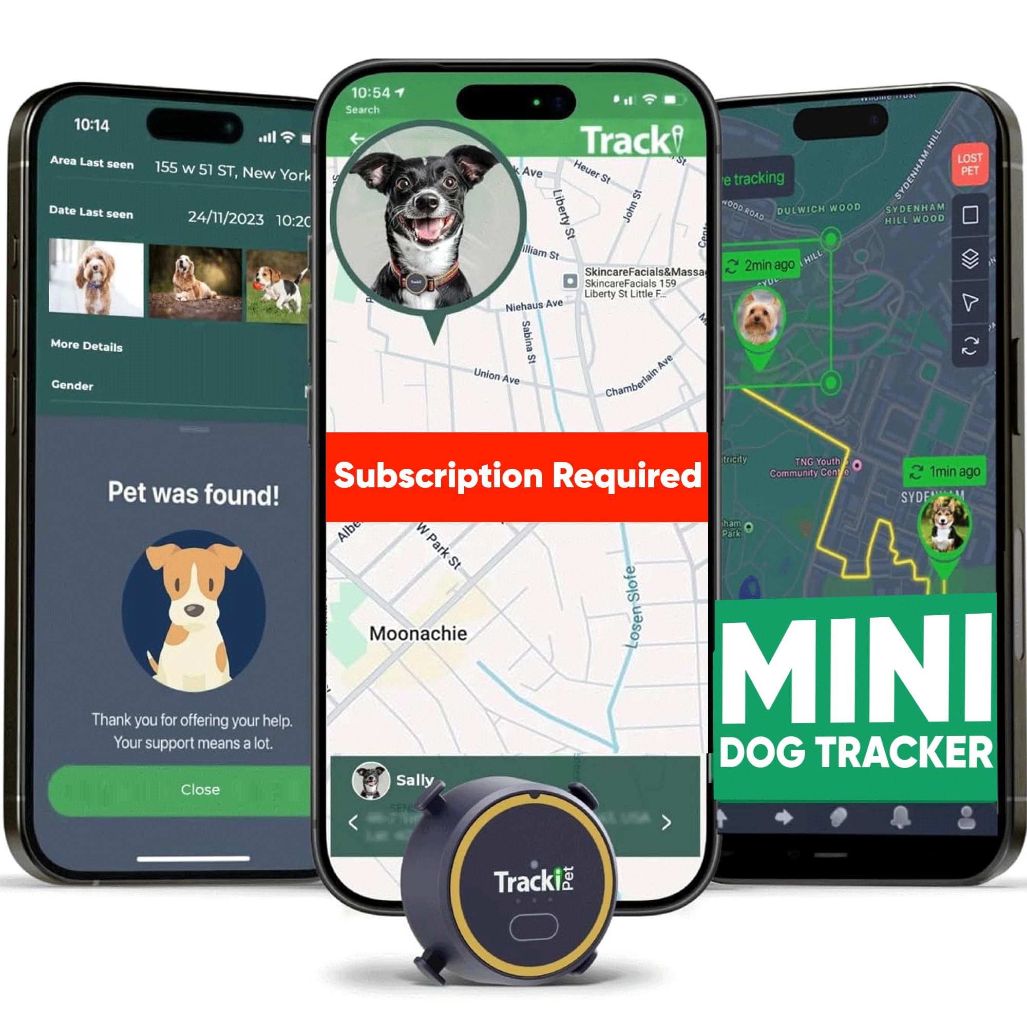 Tracki Dog GPS Tracker – Real-Time Dog Tracker & Pet Tracker – GPS Tracker for Dogs – Smart Alerts, Geo-Fence, Waterproof, Collar-Compatible – Long-Life Battery – iOS & Android (Subscription Required)
