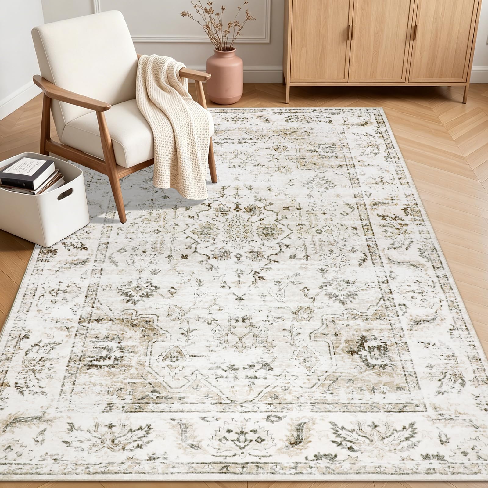 Homcomodar Washable Rugs Living Room 120x170cm Beige Rug Boho Area Rugs for Bedroom Non-Slip Low Pile No-Shedding Carpets for Living Room Kids Nursery,Dining Room,Home Office โ image 1