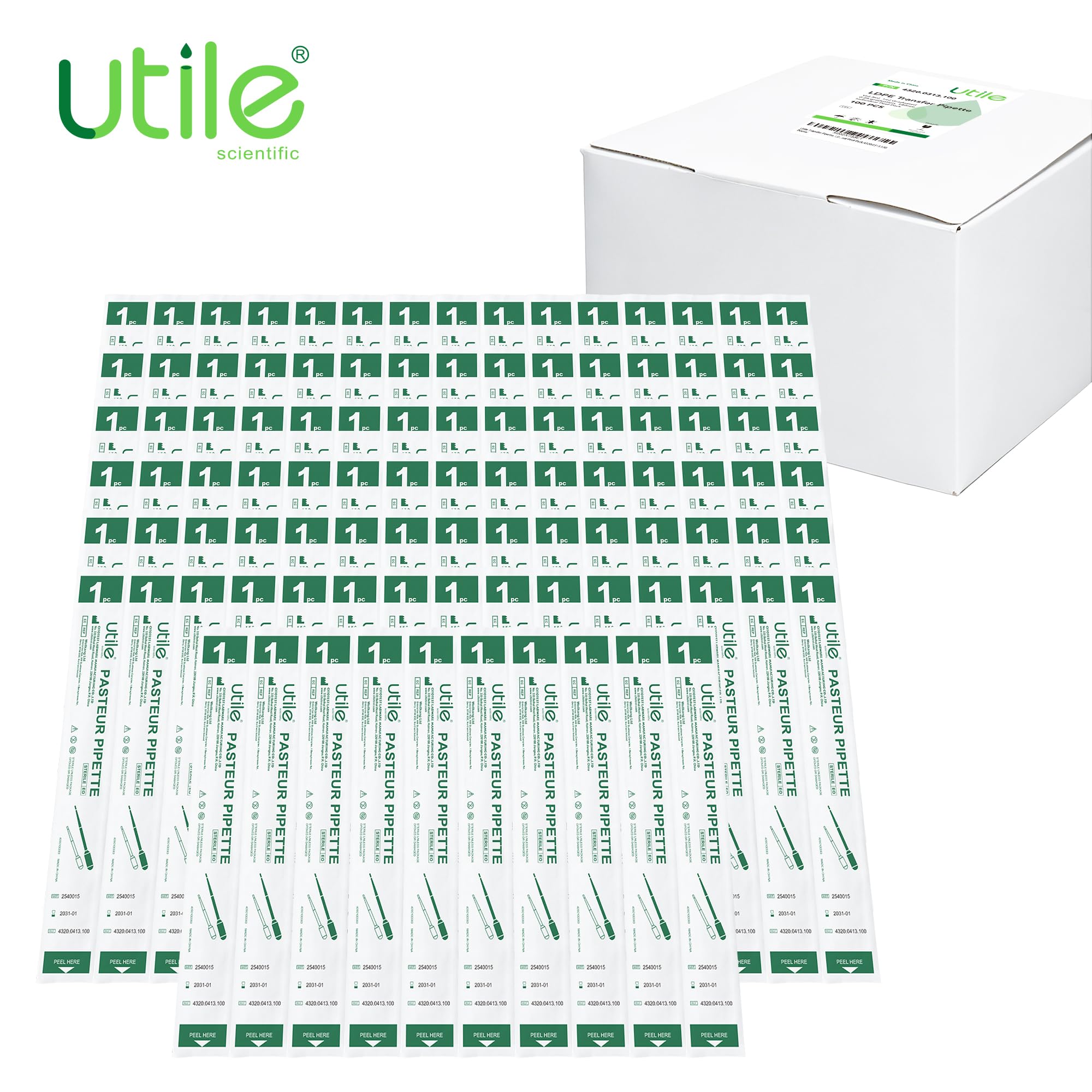 Utile 100 pipette sterili per il trasferimento, pipette per oli essenziali, tappo.7 ml con lunghezza 155 mm, materiale in polietilene a bassa densità, confezione singola da peel-pack, 4320.0513.100