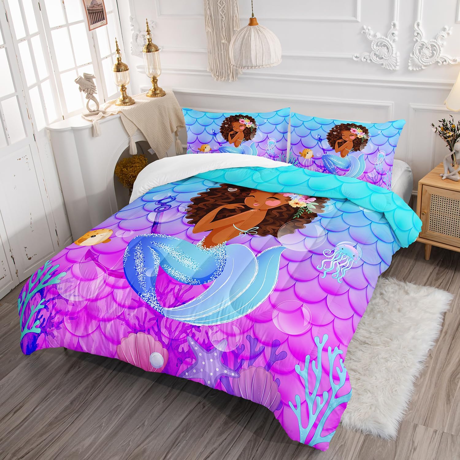 AILONEN Cute Mermaid Comforter Set for Kids Girls Queen Size, Little Black Girl Mermaid Bedding Set,Ocean Theme Bed in a Bag,Purple Blue Fish Scale Duvet Set,1 Quilt 2 Pillowcases,3 PCS