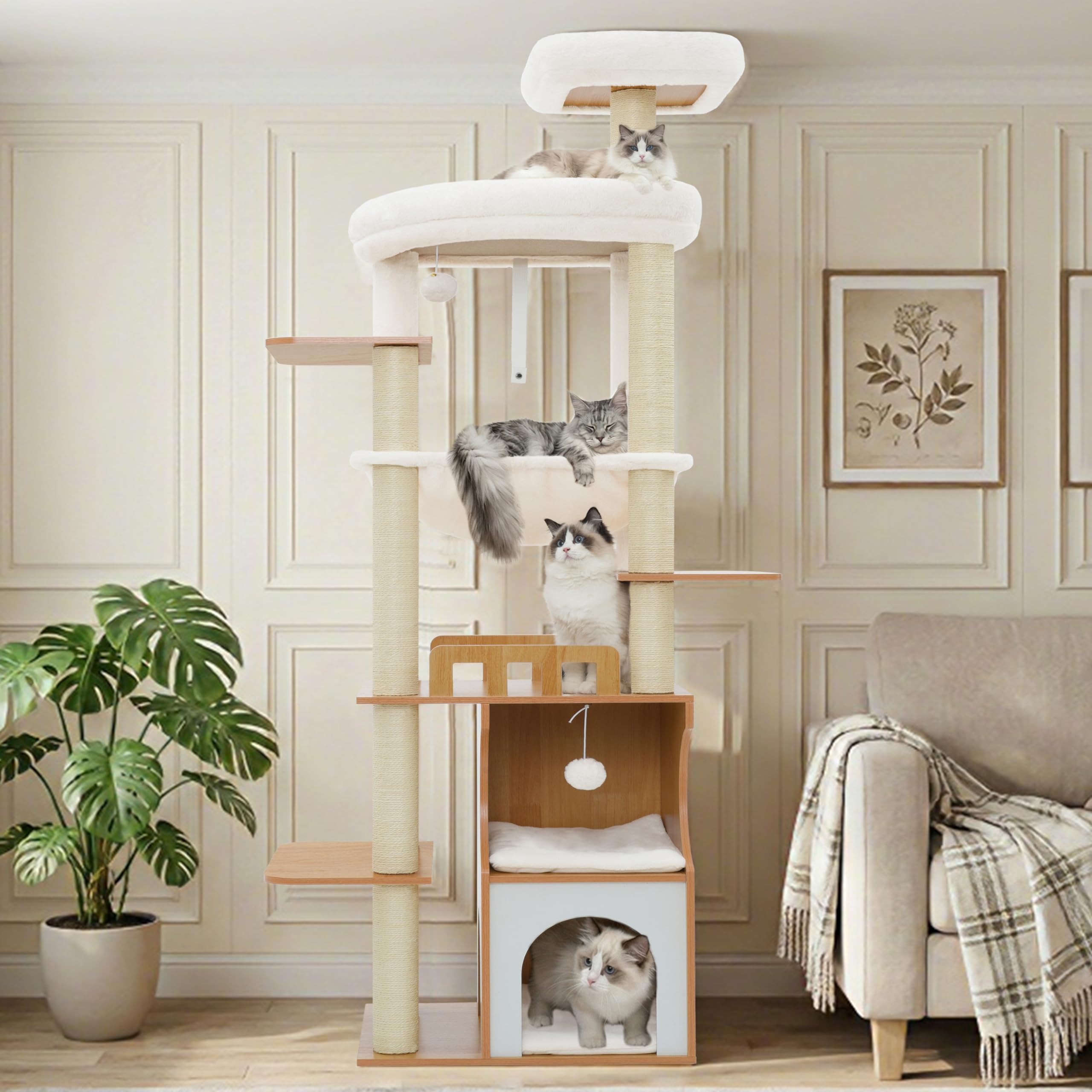Gitelsnour rascador para Gatos, 180 cm Árbol para Gatos de Madera Grande, Mueble Moderno para Gatos con Cuevas de Madera Doble, 2 Plataformas, Hamaca y Postes rascadores, Nogal GCT102WB