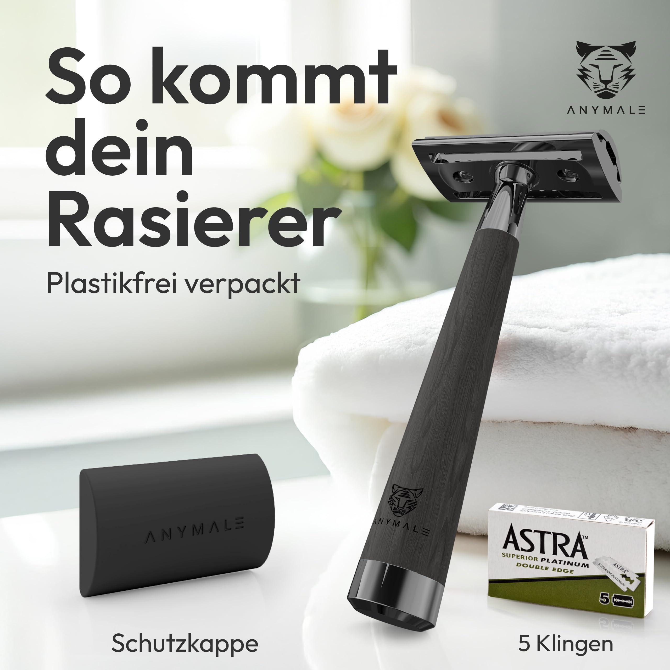 Rasierhobel „Midnight“ für Damen & Herren Griff aus Ahornholz (Schwarz) - Holz Nassrasierer & Rasierer Metall mit 5 Klingen (Zero Waste) - Männer-Rasierer, Klingenrasierer & Safety Razor