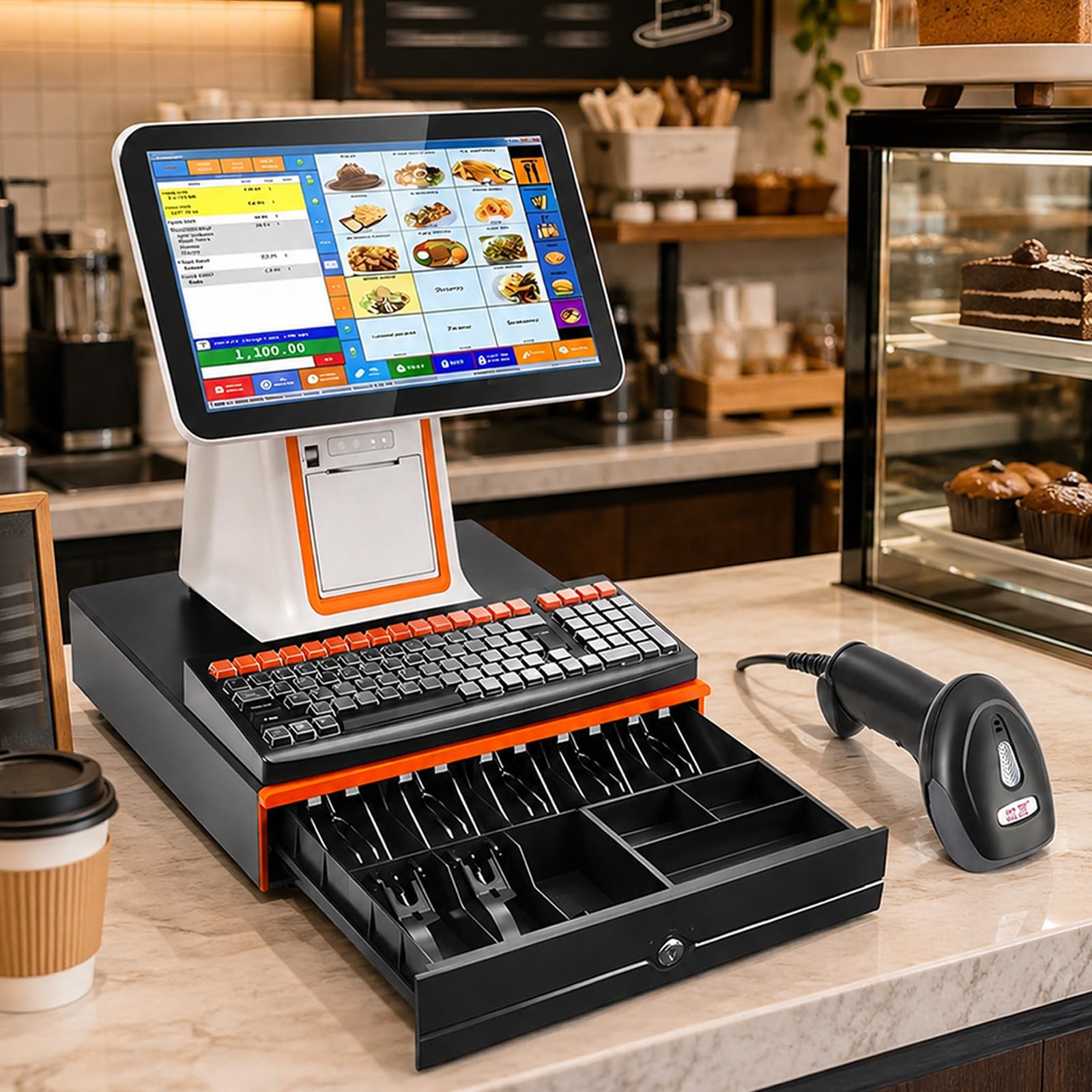 Registratore di Cassa Touch Screen per Negozi, Ristoranti E Bar, Pos Cassa con Stampante Integrata, Cassetto Portadenaro, Scanner Barcode, Display Cliente E Schermo da 15,6" White