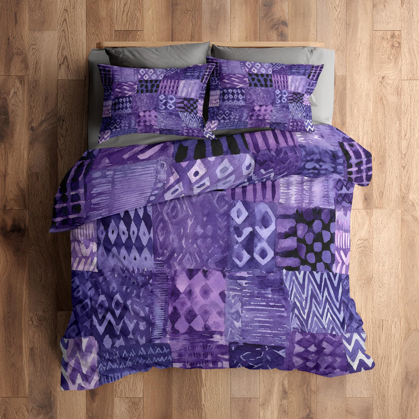 Housse de Couette 200x200 Parure de Lit 2 Personnes Microfibres Violet Motif Boho
