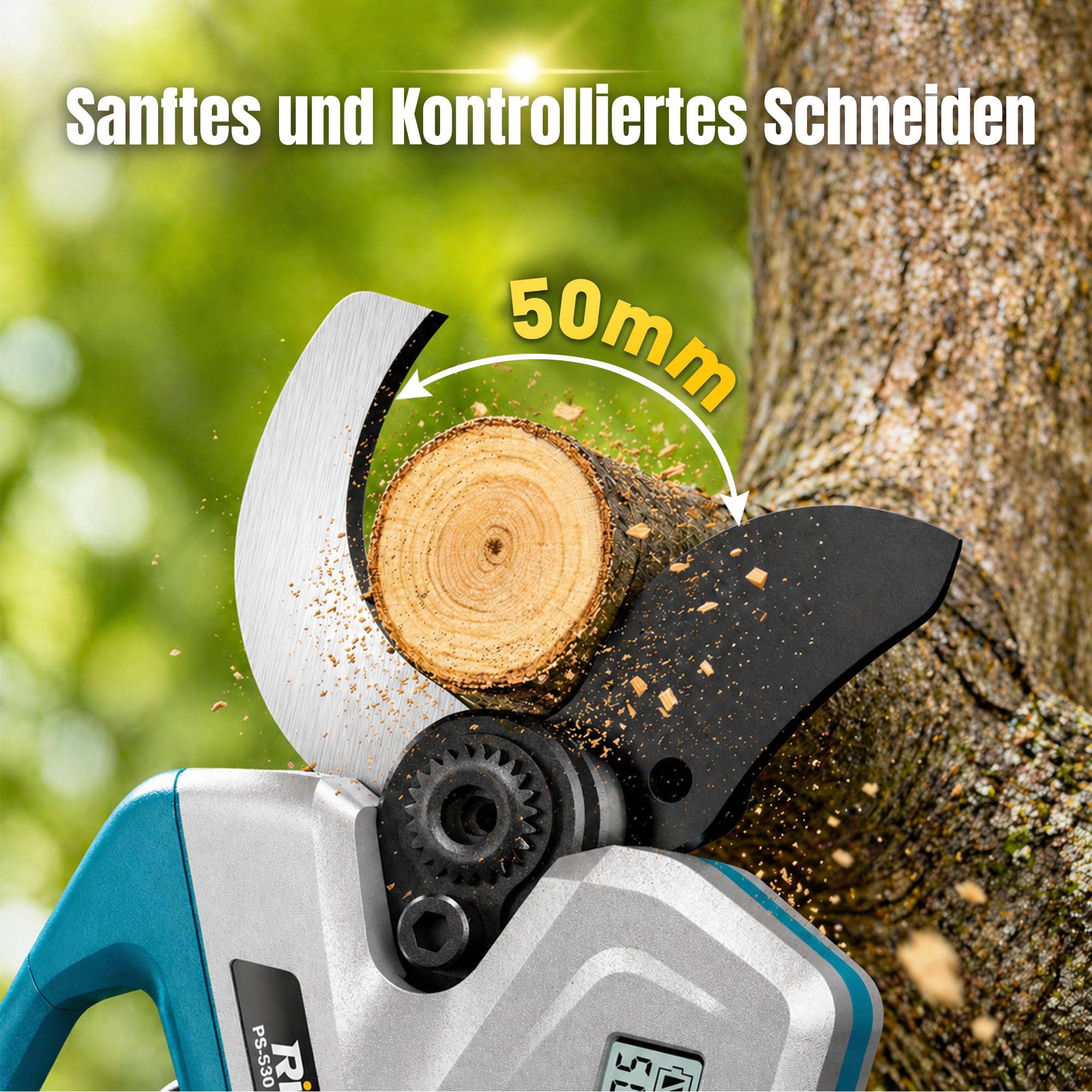 Akku Astschere 50 mm Profi, Elektrische Gartenschere Kabellos mit 2 x 4000 mAh Akku, Bürstenloser Motor, LCD-Display, Astschneider für Garten, Äste und Obstbäume