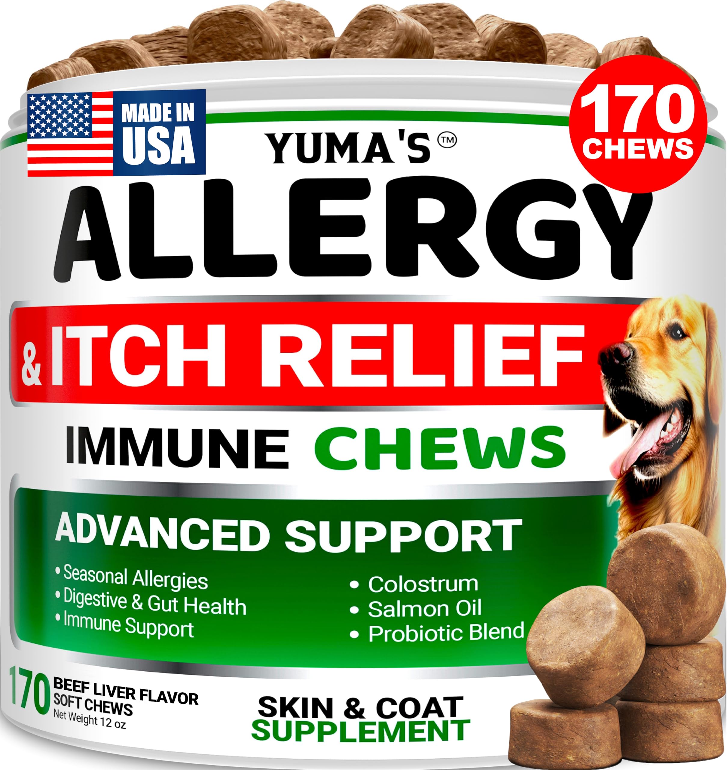 Dog Allergy Relief Chews - Dog Itching Skin Relief Treatment Pills - 170 Treats - Anti-Itch - Itchy and Paw Licking - Hot Spots - Omega 3 Fish Oil - Dry Skin & Coat Supplement - Beef Liver Flavor
