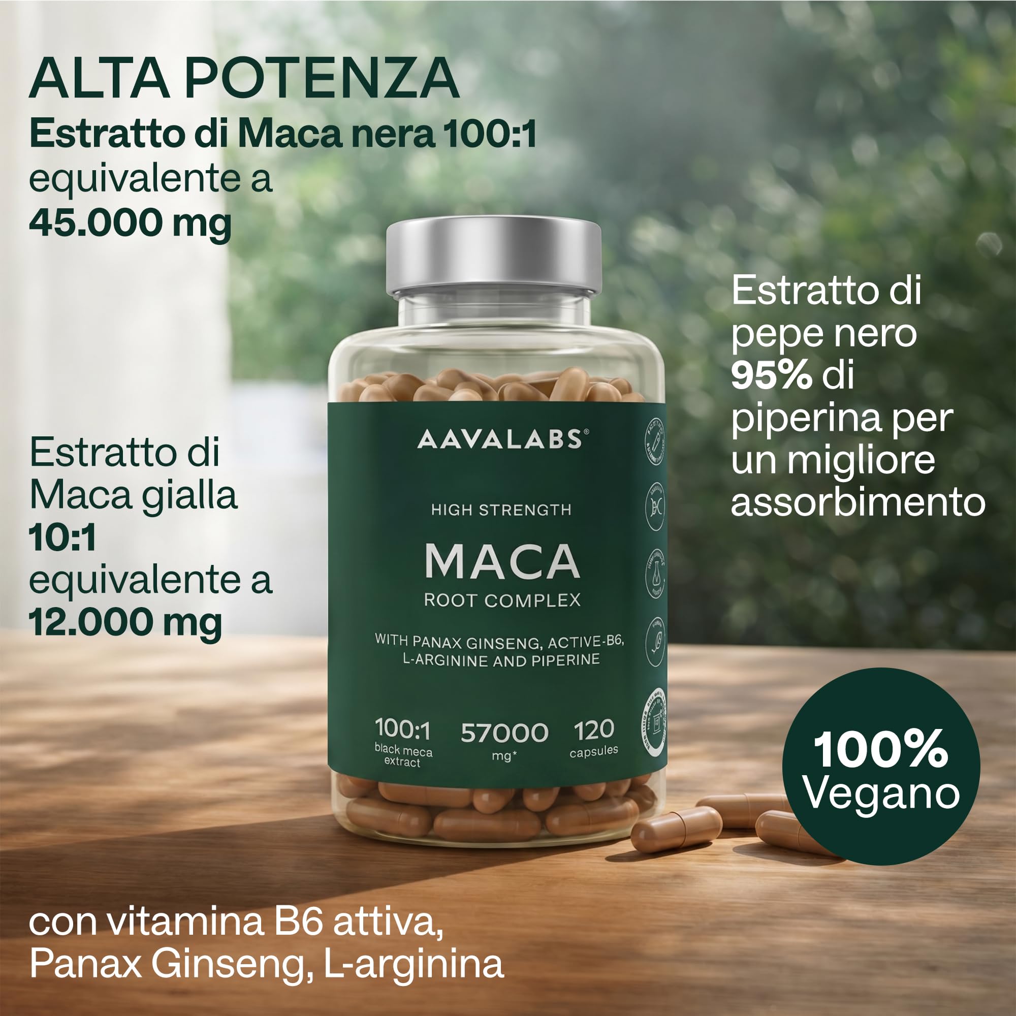 Maca Peruviana 57000mg | Estratto 100:1 di Black Maca Nera Extra Forte + 10:1 Maca Gialla con L-Arginina, Panax Ginseng Coreano, Vitamina B6 P5P, Pepe Nero - Integratore Uomo Donna - 120 Capsule
