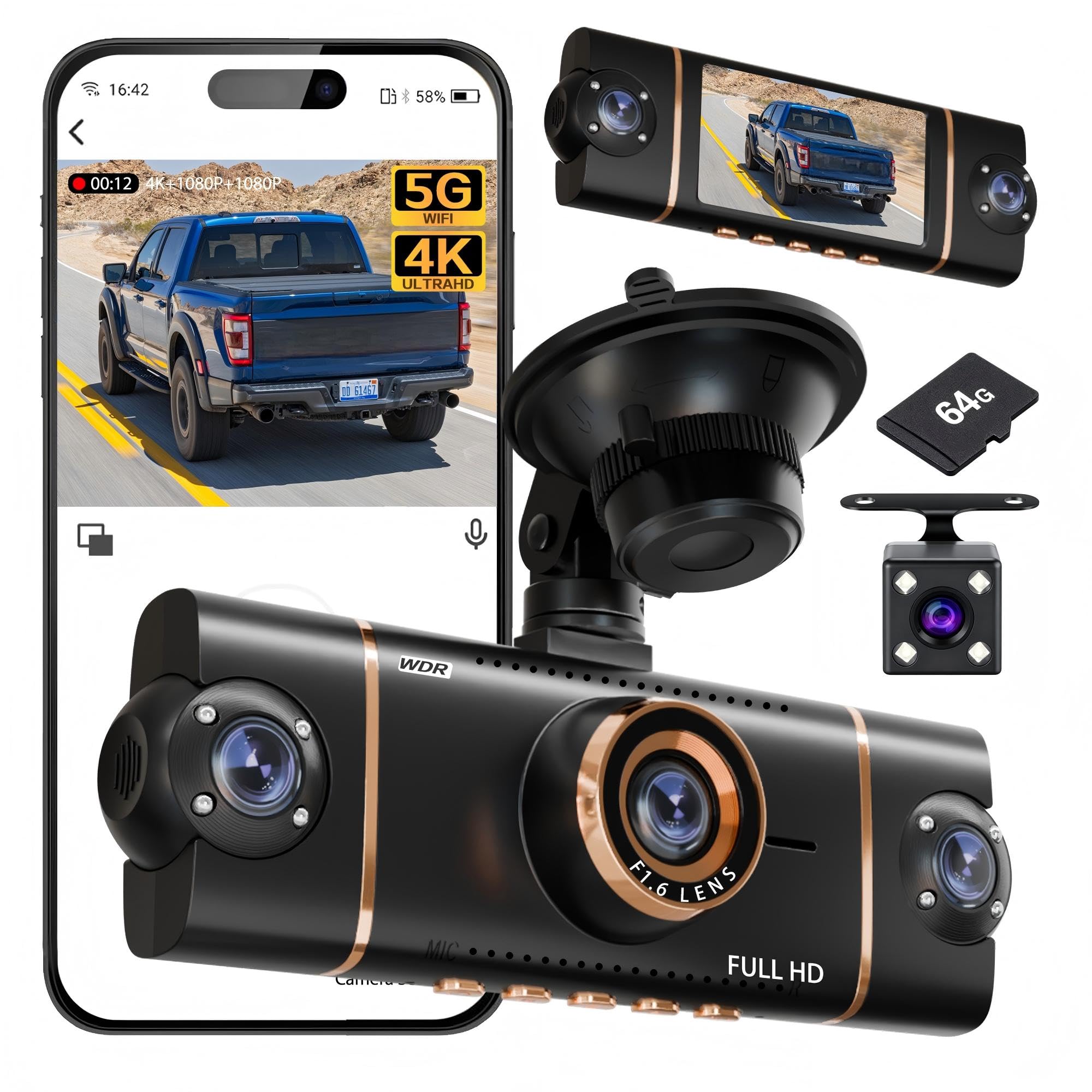 Photo 1 of 4K+1080P*3 FHD Car Camera, 4 Channel 360° Dash Cam Front Rear Inside & Left Right, 5GHz WiFi & App Control, 24H Parking Mode, G-Sensor, 8 IR Lamps Night Vision, Loop Recording, Includes 64GB SD Card