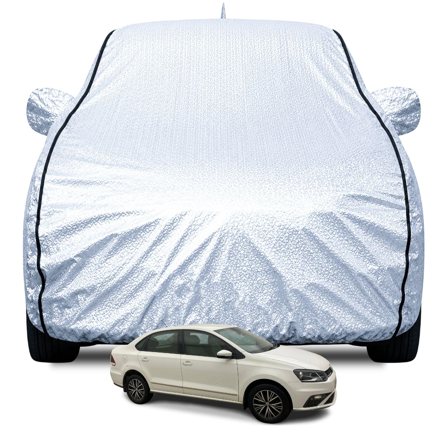FABTEC Waterproof Car Body Cover for Volkswagen Vento with Mirror and Antenna Pocket, Soft Cotton Lining, Triple Stitched (Heat Resistant Metallic Silver with Black Piping)