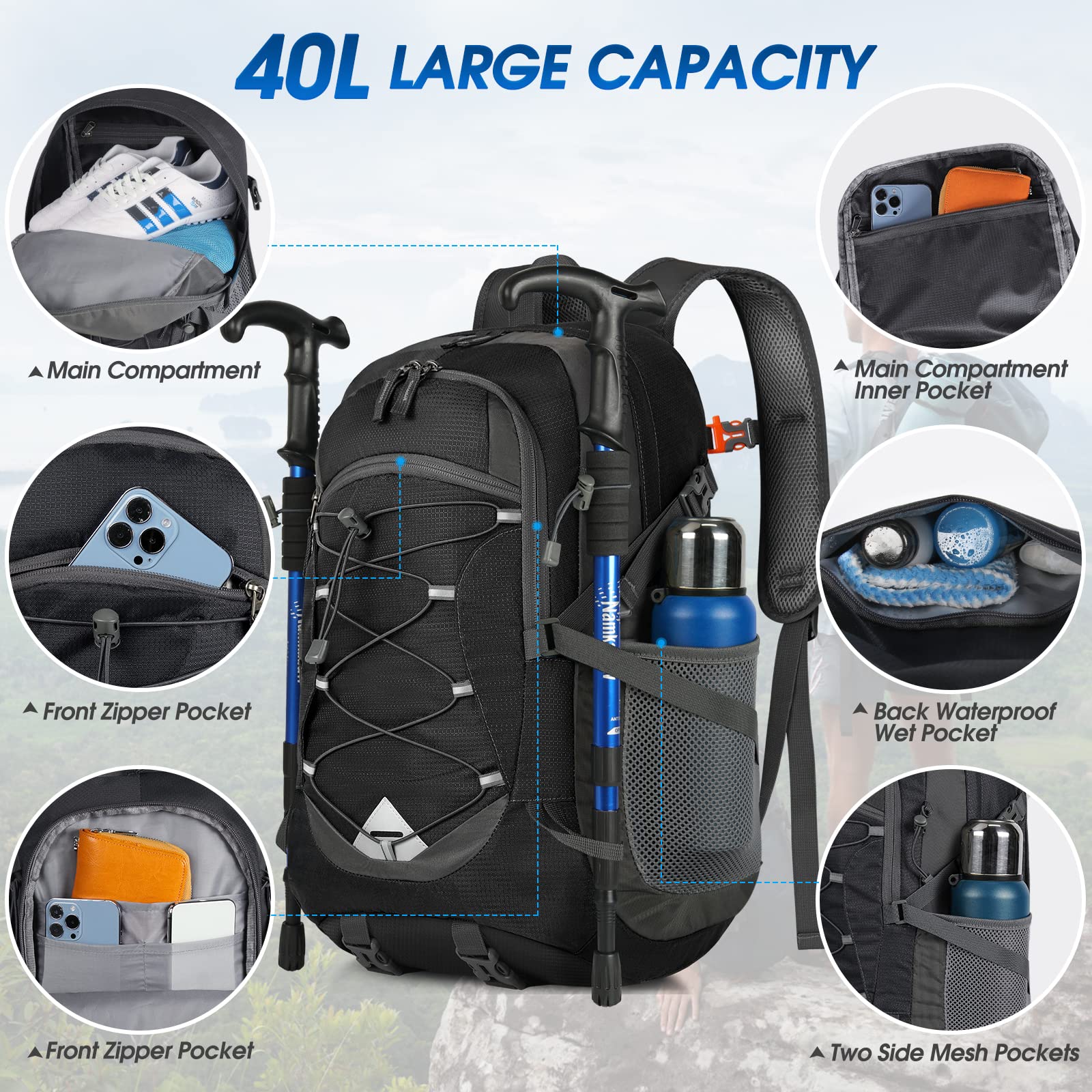 IGOLUMON Sac à Dos Randonnée 40L Ultraléger Pliable Imperméable pour Homme Femme - Grande Capacité pour Voyage, Trekking, Sport, Camping