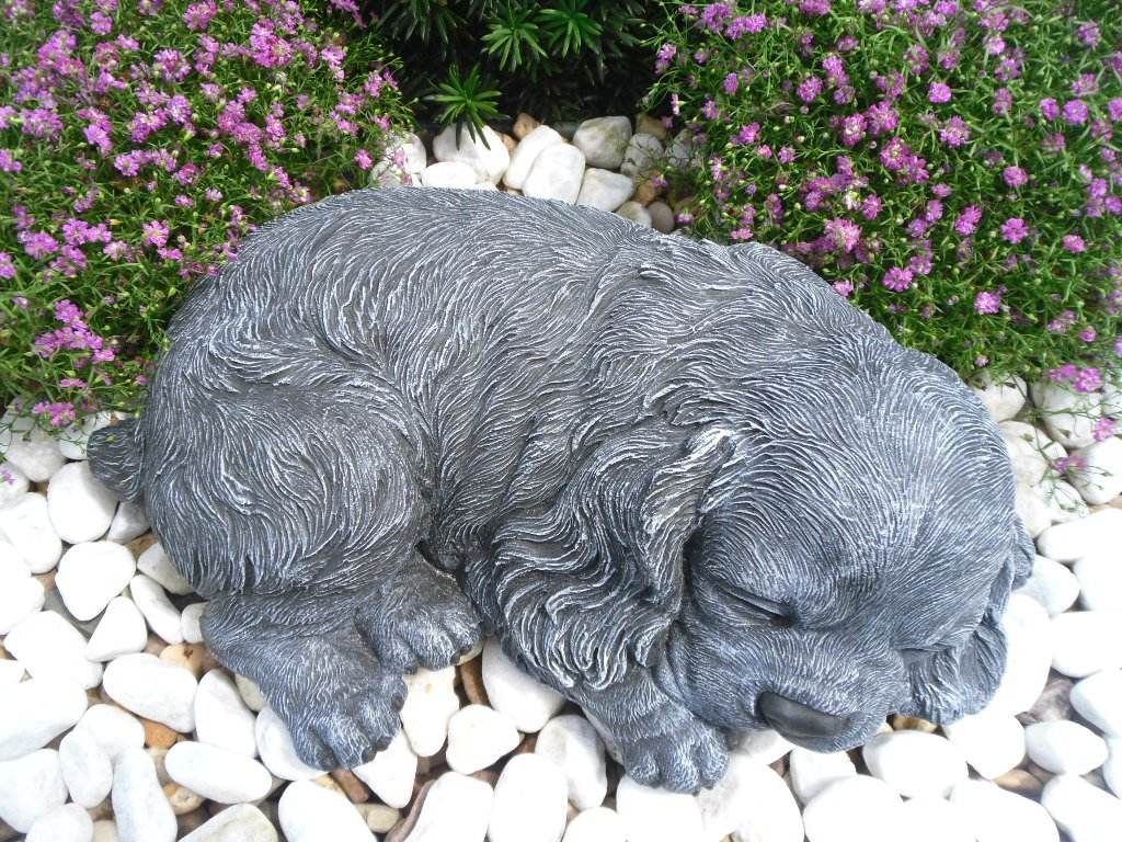 Steinfigur Hund schlafend 153/1, Gartenfigur Steinguss Tierfigur Basaltgrau