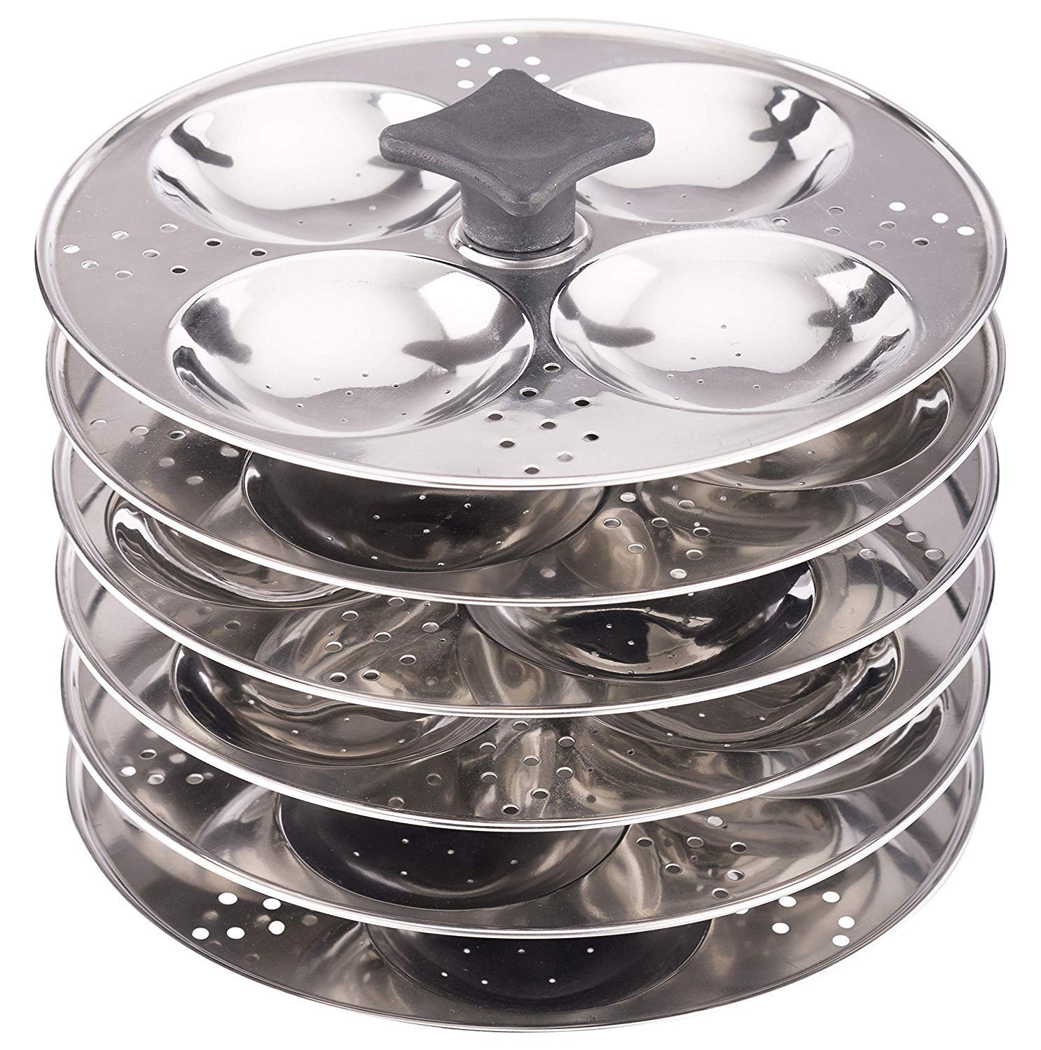 Cuiseur à Vapeur Pour Idlis En Acier Inoxydable - 4 étagères Pour 16 Gâteaux De Riz - Diamètre 19 Cm - 8