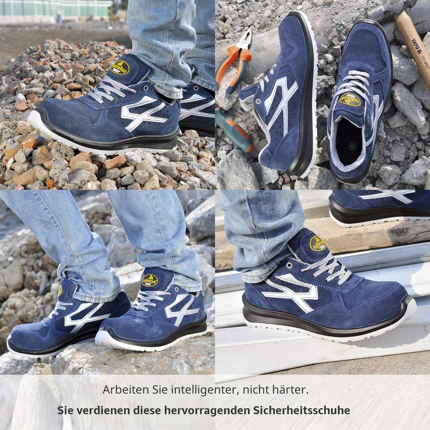 SAFETOE Herren Arbeitsschuhe S1P L7328 - Leichte Sicherheitsschuhe mit Composite-Kappe - Wasserdichtes Blaues Leder - Für Extremer Komfort & Arbeit