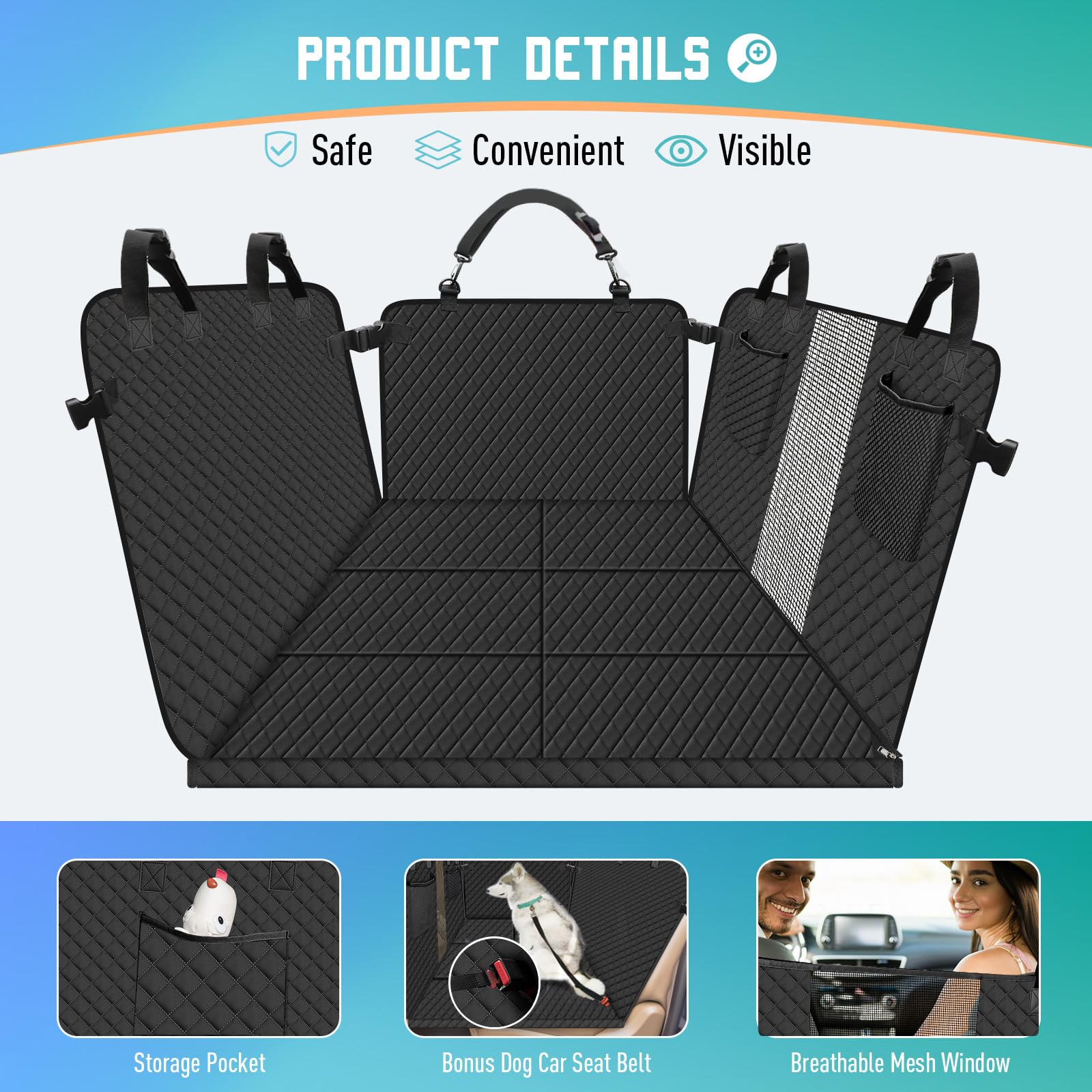 Reiseresa Coperta per cani per auto, sedile posteriore per cani, con robusta tavola in legno duro e cinture di sicurezza, impermeabile, per tutte le auto, SUV, colore nero
