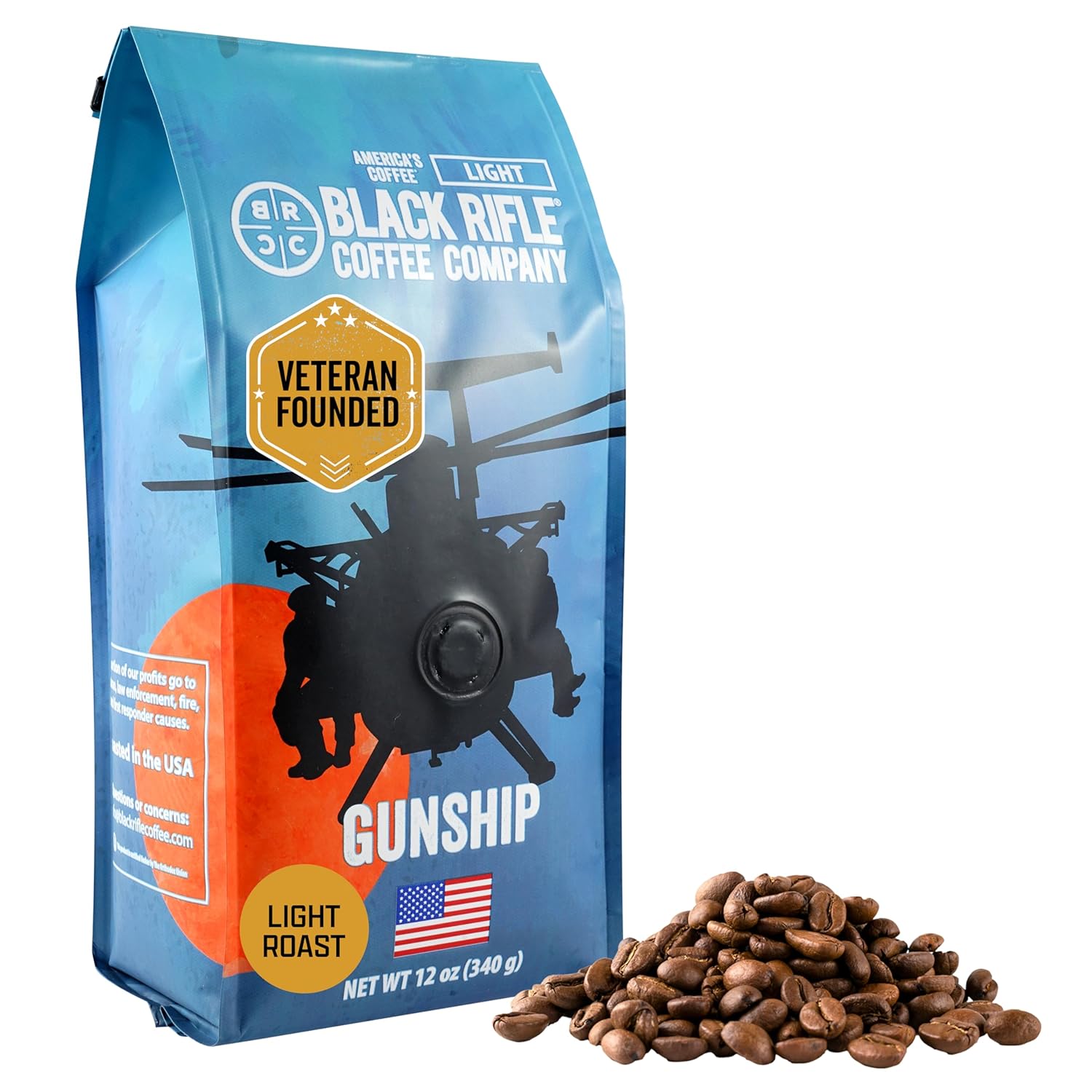 Black Rifle Coffee Company Gunship Roast, 12oz Bag, Whole Bean Light Roast – Roasted Blend Made from Arabica Beans – Colombian & Brazilian Beans – Veteran Founded & American Made