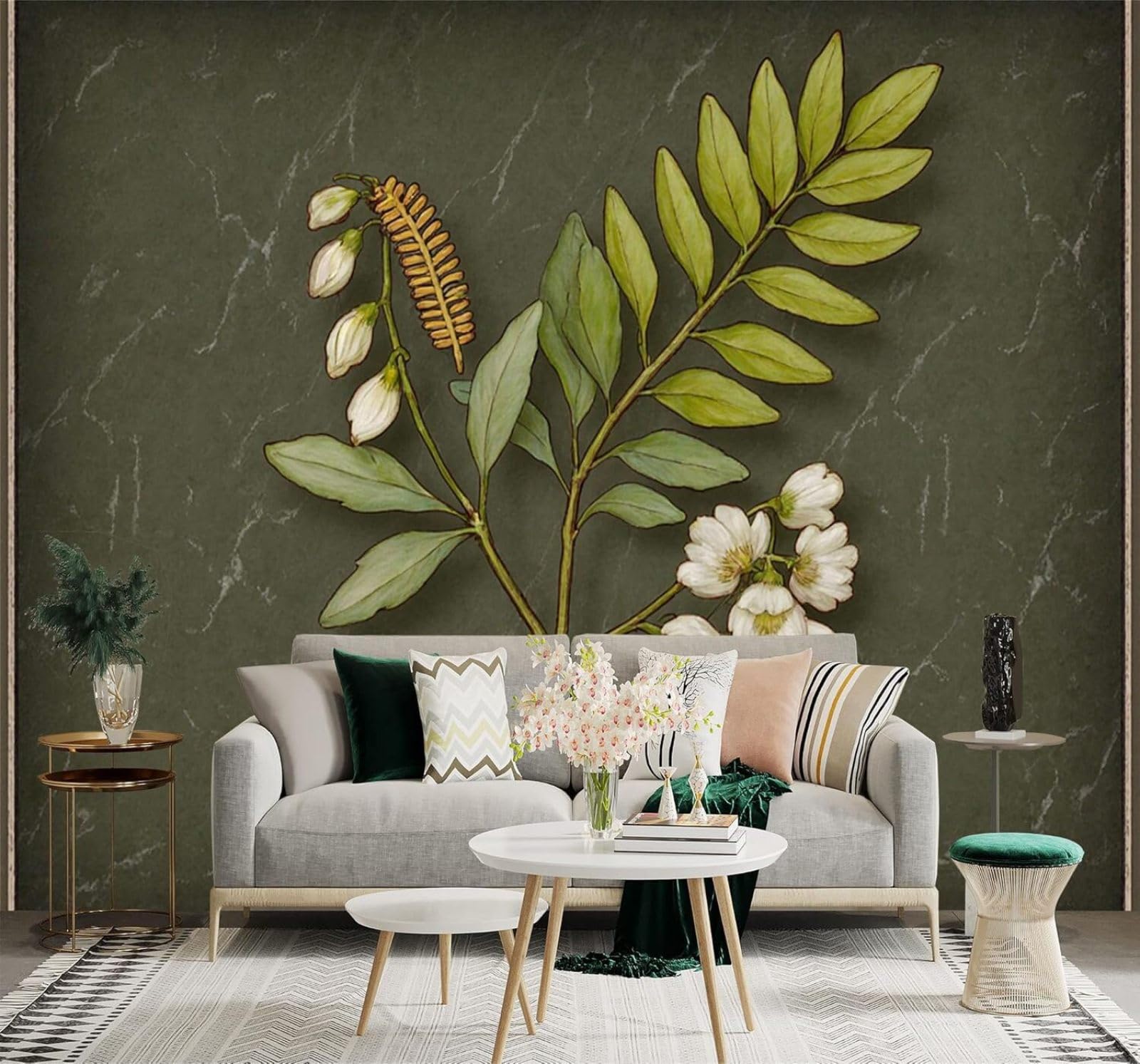 Xlming 350Cm×256Cm(B×H) Fresh Plants Green Leaves Flowers Dark Green Background 3D Wallpaper Silky Texture Home Study Office Grey Dining Room Sofa Bedroom Living Room Tv Backdrop-350Cm×256Cm
