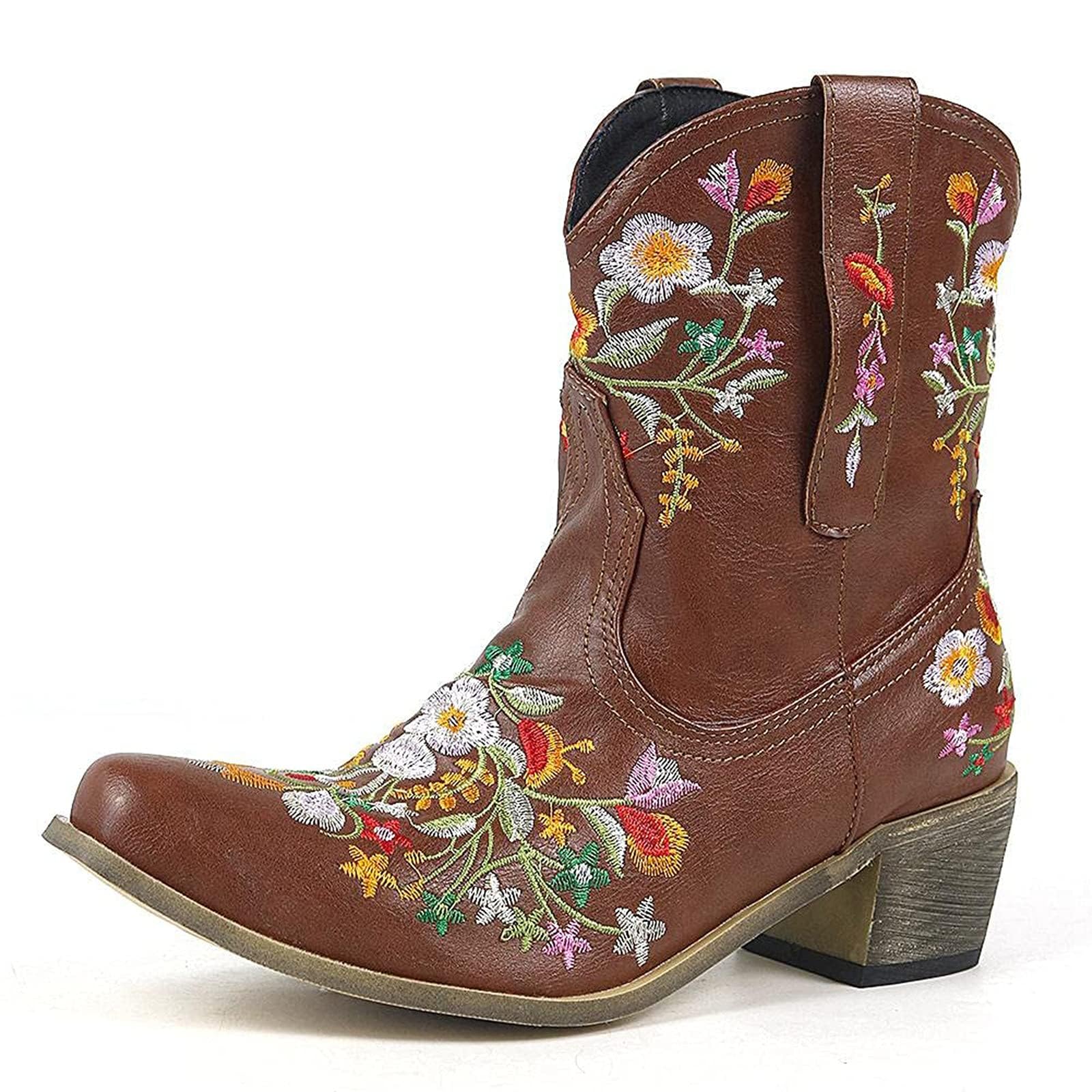 Cowboy Boots for Women Womens Flower Embroidered Ankle Boot Womens Western Cowgirl Booties Pointed Toe Low Chunky Heel