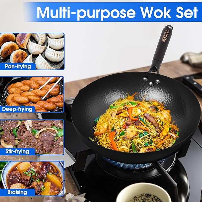 Wok de Acero Carbón 13.4 pulgadas para Cocinas Eléctricas, Inducción y Gas miniatura 3