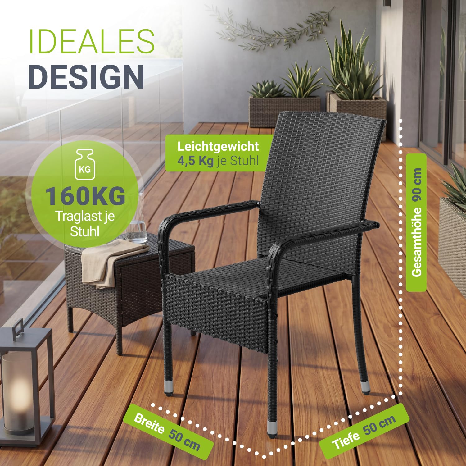 Juskys Polyrattan Gartenstühle Yoro 4er Set mit Armlehnen & Rückenlehne - 4 Stühle stapelbar - Rattan Stuhl Garten - Stapelstuhl Schwarz
