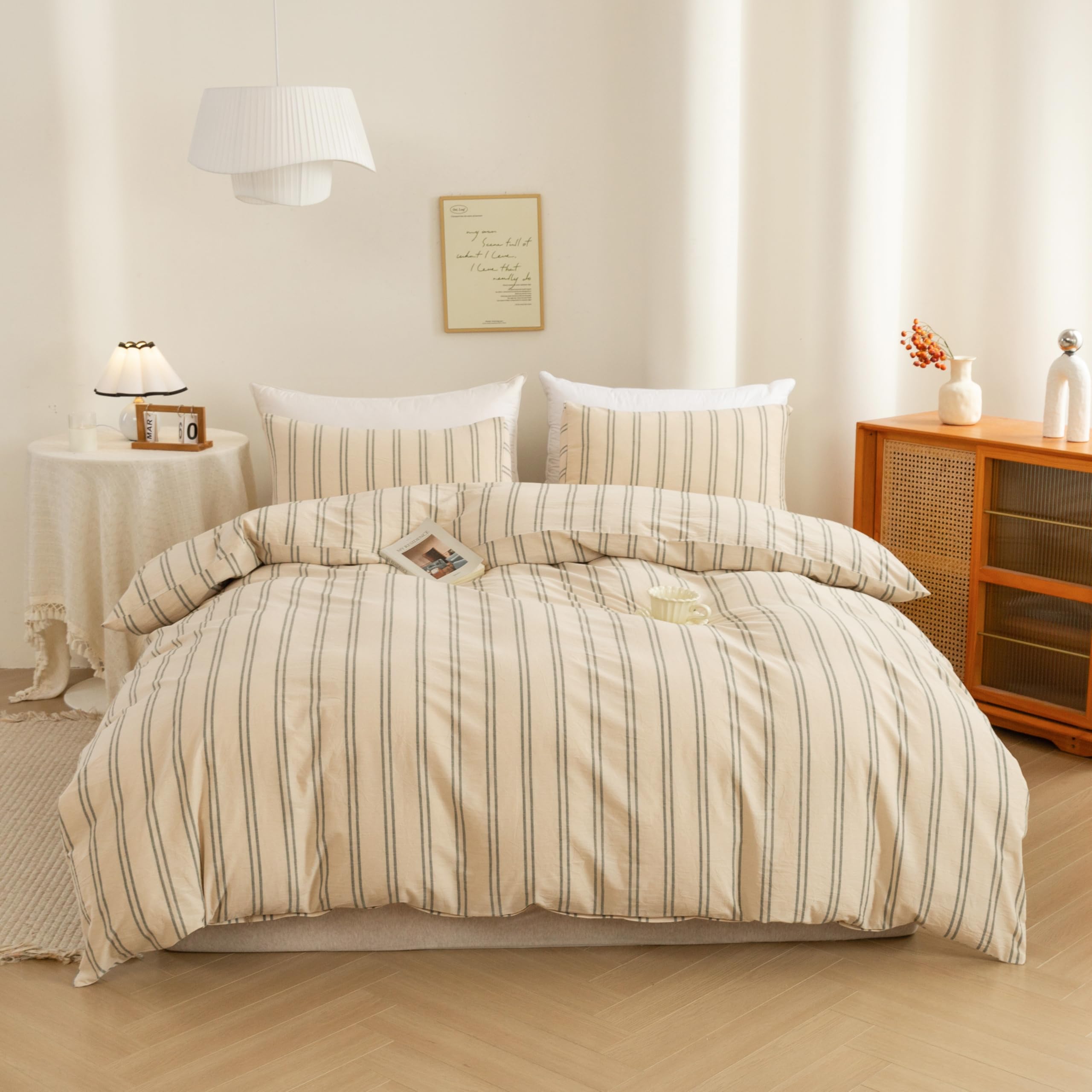 ECOCOTT Duvet Cover Oversized King Size - Linen Feel Organic Natural 100% Washed Cotton, Soft Breathable &amp; Durable Bedding Set, Comfy Stripe Design for All Seasons