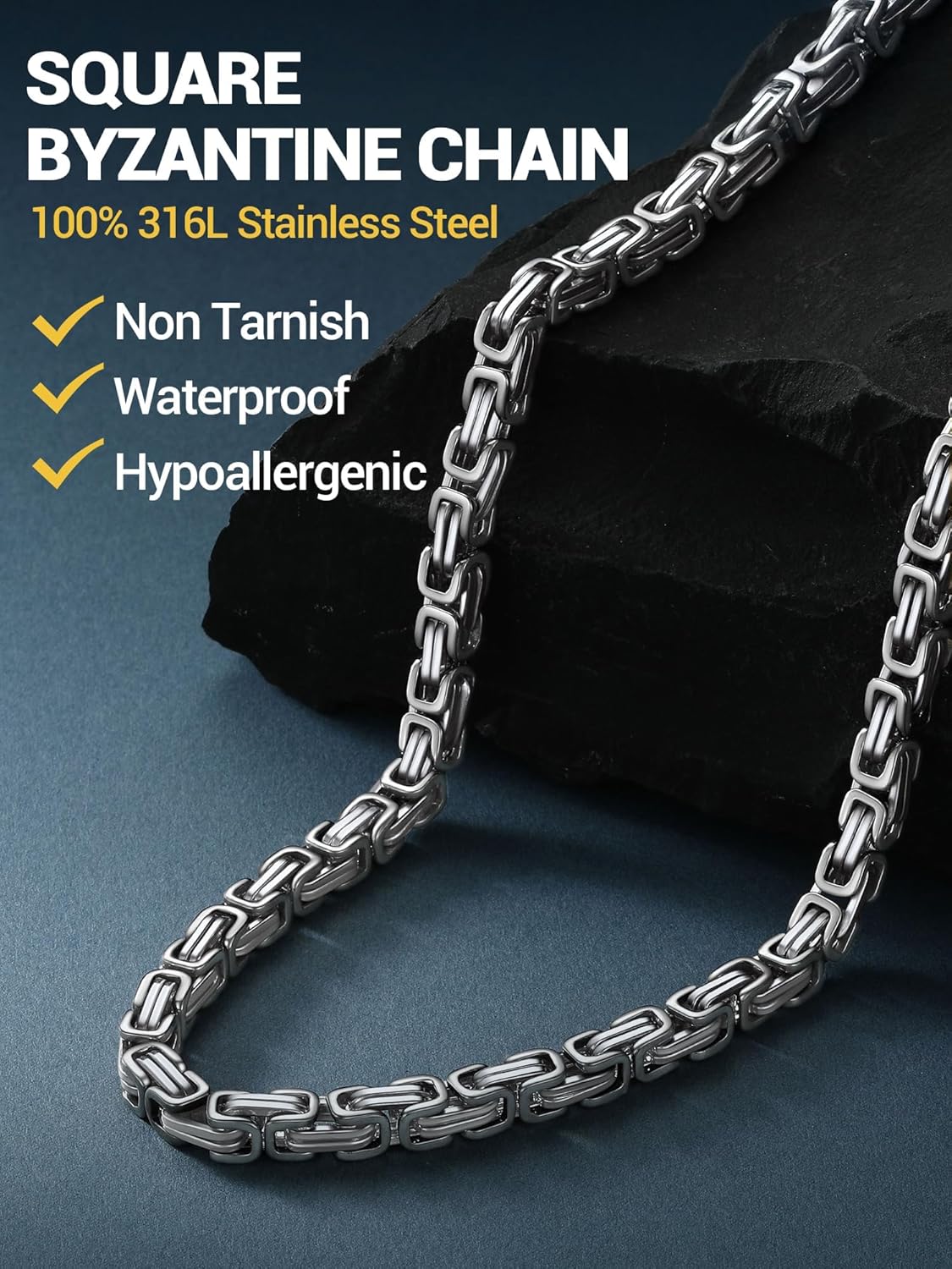 PROSTEEL 4MM/6MM/8MM Stainless Steel Necklace for Men Women, Stylish and Cool, Byzantine Chain Black Gold Silver Tone, 18-30 Inches, Come Gift Box