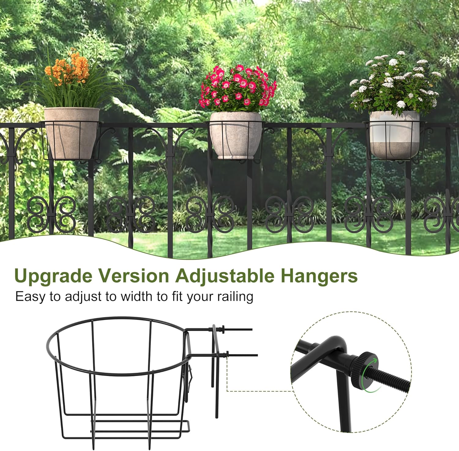TQVAI 10 Inch Railing Planter - Fit for 3 to 5.5 Inches Railing - Adjustable Hanging Planters Outdoor Balcony Deck Flower Pot Holder Metal Baskets for Garden Orchid, Patio Ledge, 3 Pack, Black