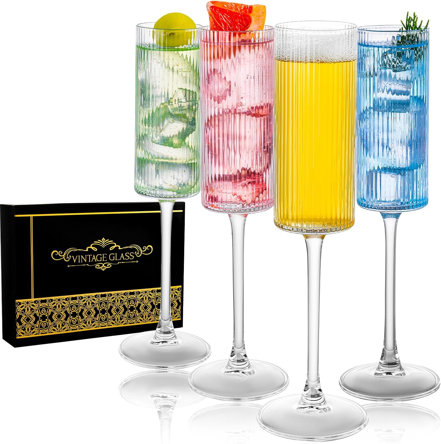 4 Pack Champagne Flutes, 5Oz Stem Champagne Glasses With Long Stem, Hand Blown Origami Style Toasting Glasses with Gift Box, Unique Gift for Birthday, Wedding, Mother's Day, Housewarming - Image 1 of 7