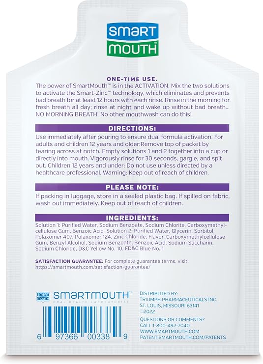 SmartMouth Dry Mouth Zinc Activated Mouthwash Single Packs, Mint, 50 Count