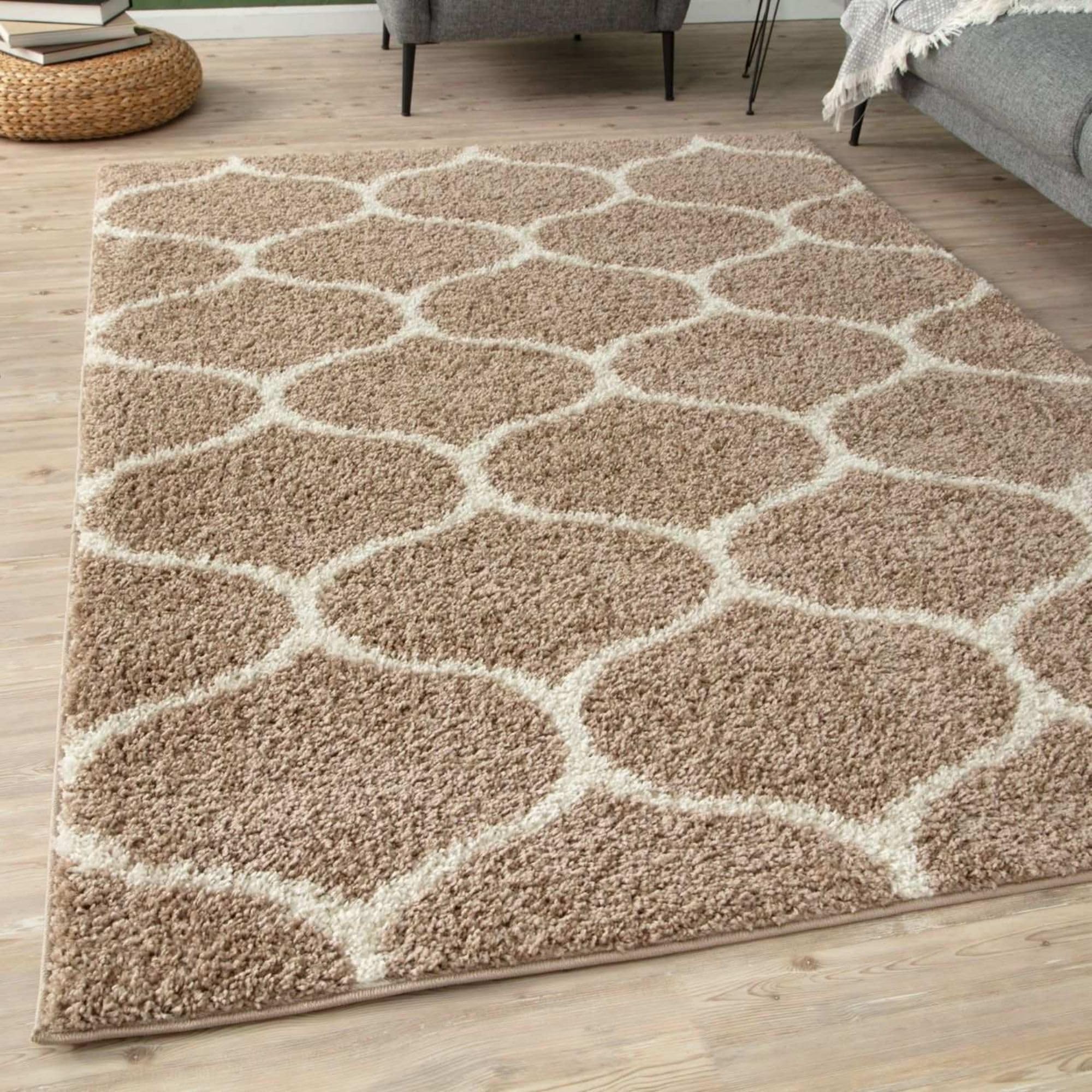THE RUGS Shaggy Rug – Modern Moroccan Design Rugs for Living Room, Bedroom, Hallway, 30 cm Thick Area Rugs, (Trellis Beige/Ivory, 240x340cm)