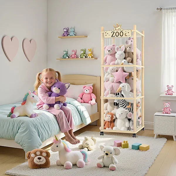 Stuffed Animal Storage Zoo Tower,56In Wooden Large Stuffed Animal Holder Organizer with Wheels,Stuffy Plushies Storage with Elastic Band&Mesh Bottom,Toy Storage Organizers for Playroom Bedroom Nursery