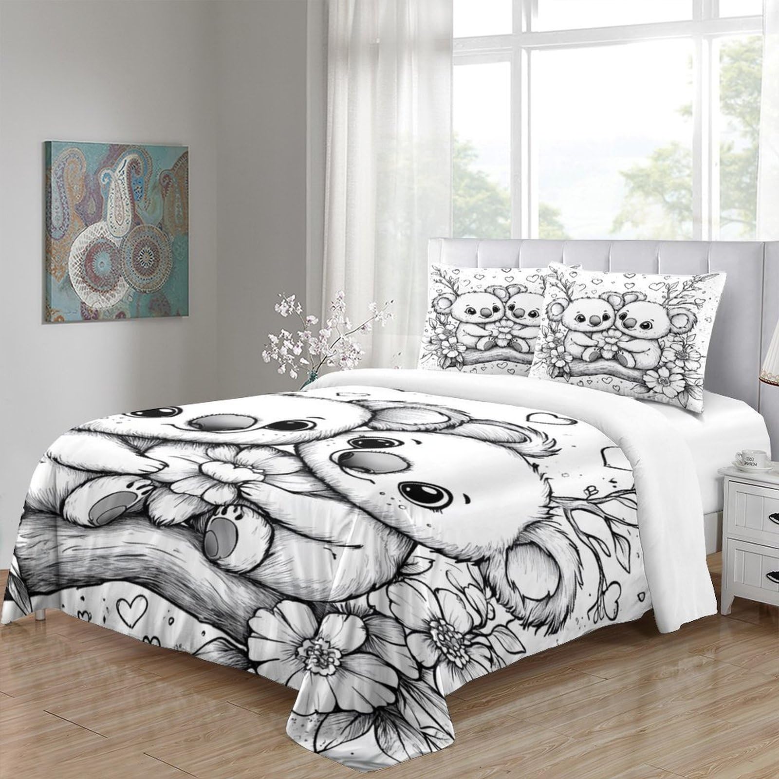 Süßes Koala-Pärchen 3D-Bedruckt 3er-Set Steppbezug Cartoon-Tierillustration Bettbezug Mikrofaser Hypoallergen Atmungsaktiv für Kinder Jugendliche Erwachsene Super King（260x220cm）