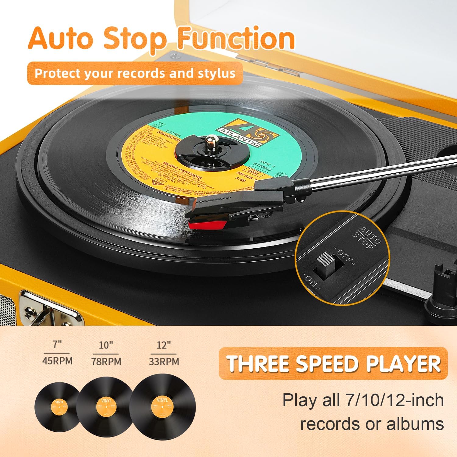 Close-up of the turntable's platter with a record, showing the auto-stop switch and illustrations of 7, 10, and 12-inch records with their corresponding RPMs (45, 78, 33).