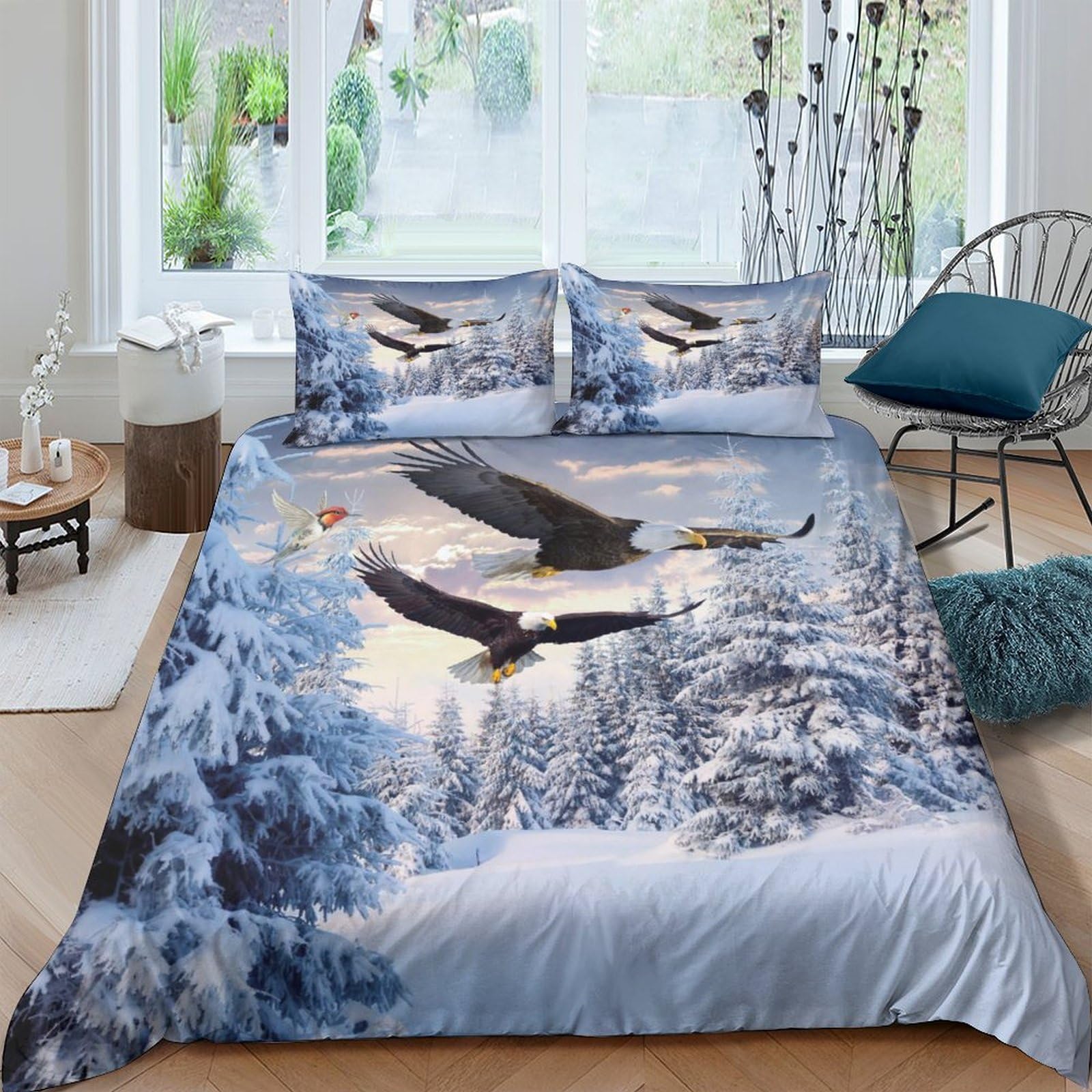 Ctjqhvkz Style-6 3D Printed Snow Forest Eagle Fitted Sheet Microfiber Soft Bed Sheet Winter Birds Mattress Cover Bedroom Decor Single（135X200cm）