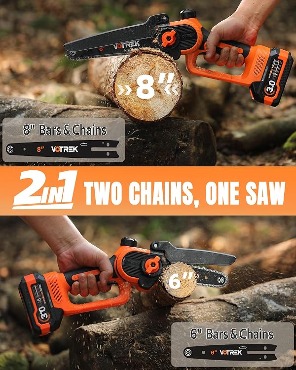 VOTREK® 6-Inch & 8-Inch Mini Chainsaw Cordless, 2 x 3.0Ah Batteries, Electric Chain Saw with 2 Chains, 2 Bars, Brushless Motor, Auto Oiler, Tool-Free Tensioner for Tree Trimming and Yard Cleanup by VOTREK - Image 2