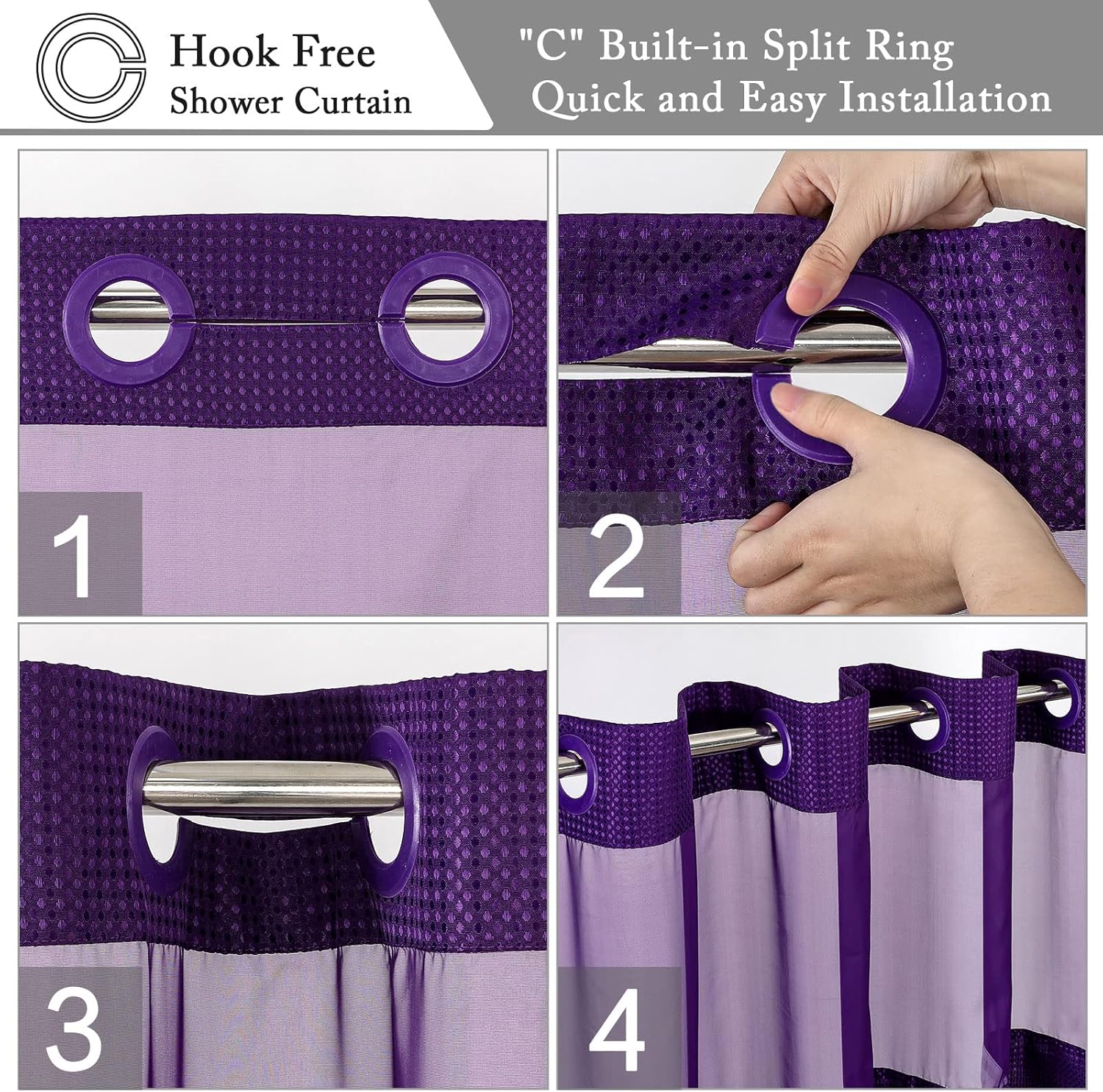 Gibelle Long Shower Curtain 72x80, Waffle Weave Bathroom Shower Curtain with Snap-in Fabric Liner Set, No Hooks Needed, Hotel Style with Mesh Top Window, Purple
