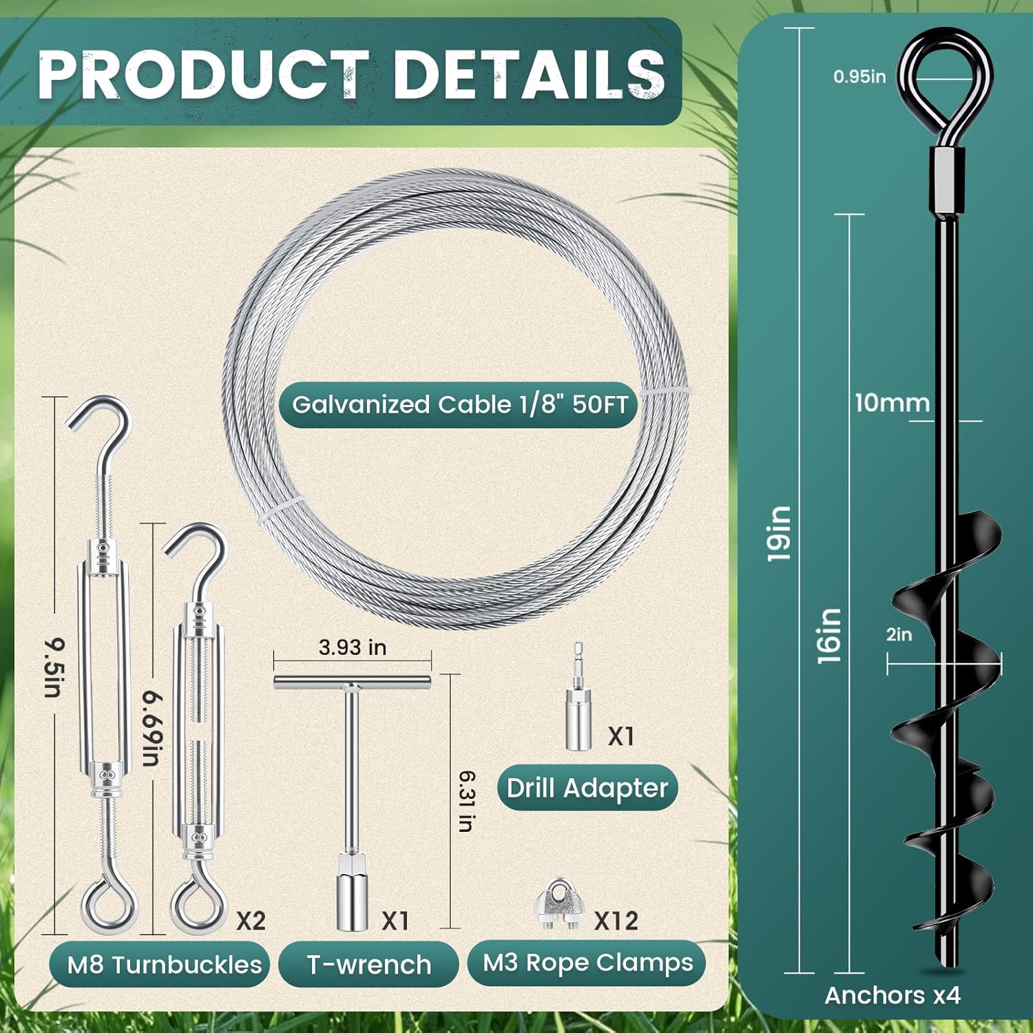 19" Ground Anchors Heavy Duty Shed Anchors Kit, Mobile Home Anchor Earth Anchor with 1/8" Galvanized Cable and Turnbuckles for Sheds Canopy Gazebo Trampoline Swing Set(4x19in)