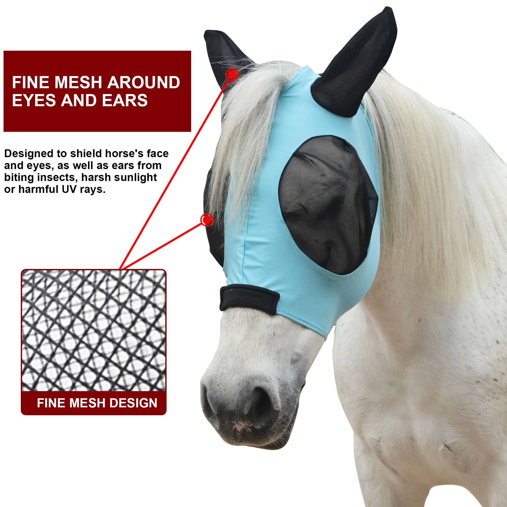 Leberna Horse Fly Mask with Ears Smooth and Elasticity Fly Mask with UV Protection (Lake Blue, Full) - Image 2