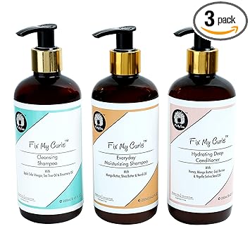 Fix My Curls Wash Day Bundle with Cleansing Shampoo, Everyday Moisturizing Shampoo & Hydrating Deep Conditioner, Cruelty Free, SIlicone & Sulphate Free, Frizz Control Solution (250 ml Each)