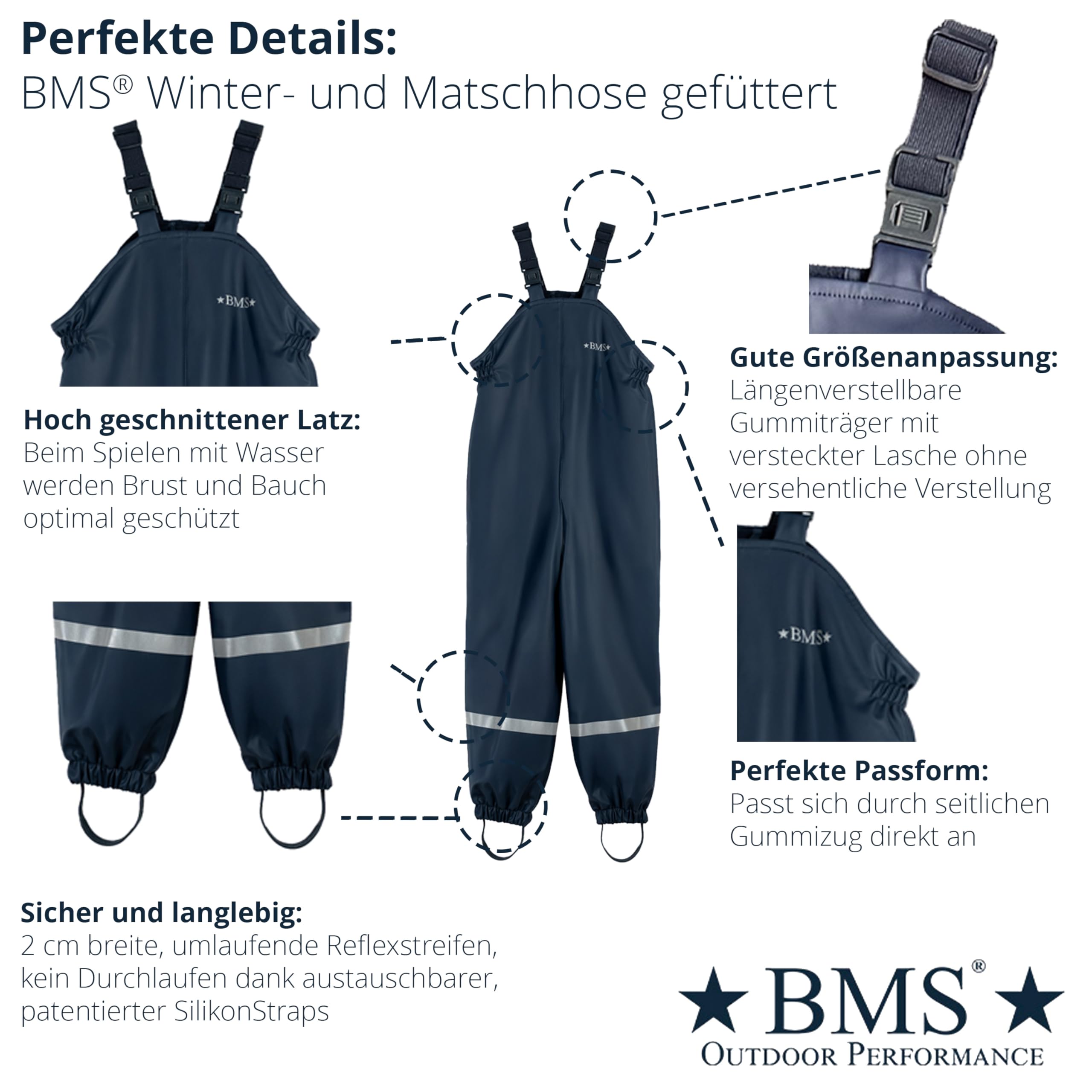 BMS® Schneehose gefüttert für Kinder, ideale Winter-Matschhose und Buddelhose mit kuscheligem Fleece, 100% wasserdicht, besonders hautfreundlich und weich Softskin, Oeko-Tex, Mädchen, Jungen